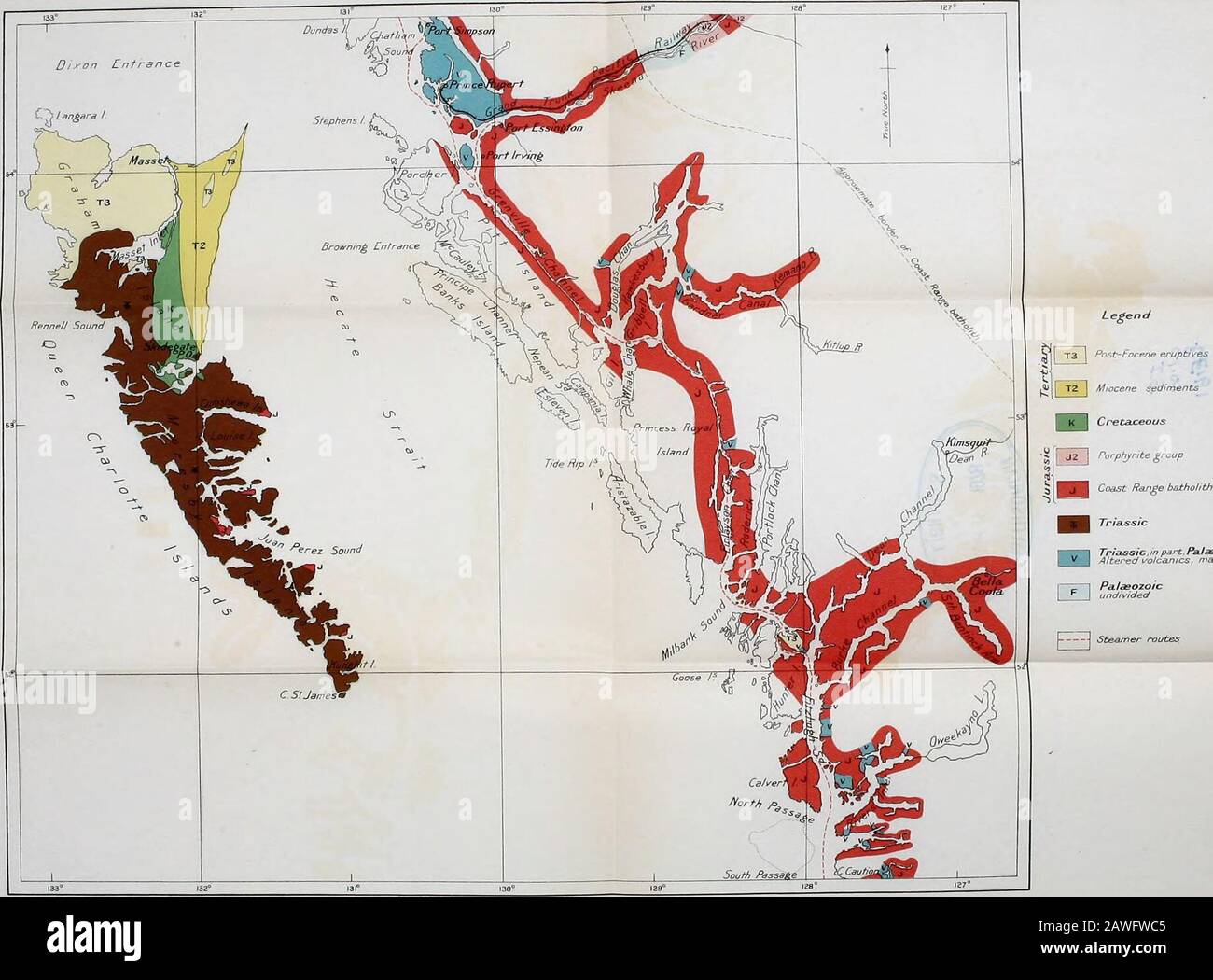 Reiseführer für Ausflüge in Kanada1-10 . Legende Kreidezeit Jurassic Coast Range Batholith Triassic, teilweise. Upper Palaeozoic CZ I Paleozoic1J undiv.ded J Damper ROU Route Map zwischen Vancouver und Calvert Island *-*????* 1 2. *&gt; V V. Tnassic Trias. M Teil, Pa.laepz.oic Geological Survey, Kanada. Routenplan zwischen Calvert Island und Prince Rupert Stockfoto