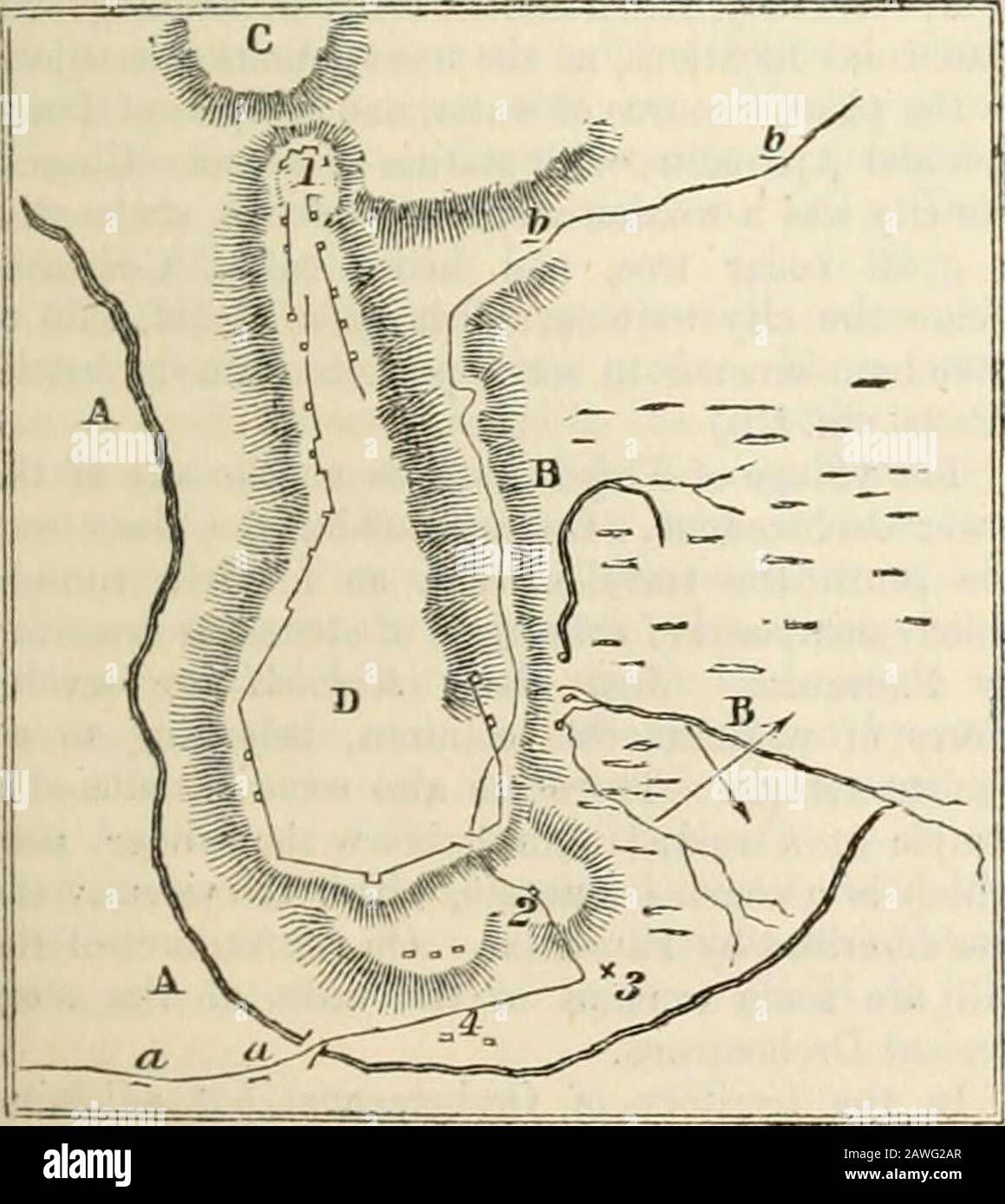 Das Wörterbuch der griechischen und römischen Geographie gehört früher zu den Orclio-Menüs, letztere zu der späteren Stadt und stammt aus der Zeit ihrer Wiederherstellung entweder durch Philipp oder die Pho-cians. • In Richtung der Mitte des nördlichen Seitenhügels ist der Orchomenus am niederschlagsigsten, und hier sind die Thewallen nicht rückführbar. Der Umfang des ganzen betrug etwa 3 Meilen. Die Zitadelle nimmt etwa 40 Meter im Durchmesser ein und scheint ein unregelmäßiges Sechseck zu sein; aber drei Seiten sind nur wieder eingehackt, auf der östlichen Hälfte des Felsens sind keine Fundamente zu sehen. Im nördlichen Winkel befinden sich Theruine von A bis Stockfoto