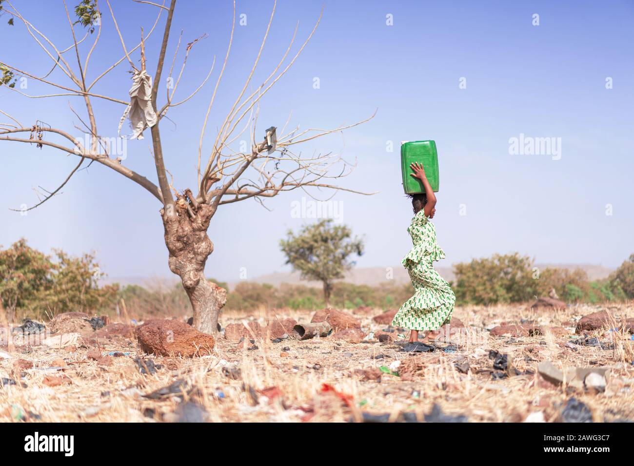 Authentisches afrikanisches Juvenile, Das Mit Frischem Wasser für ein aridity-Konzept arbeitet Stockfoto