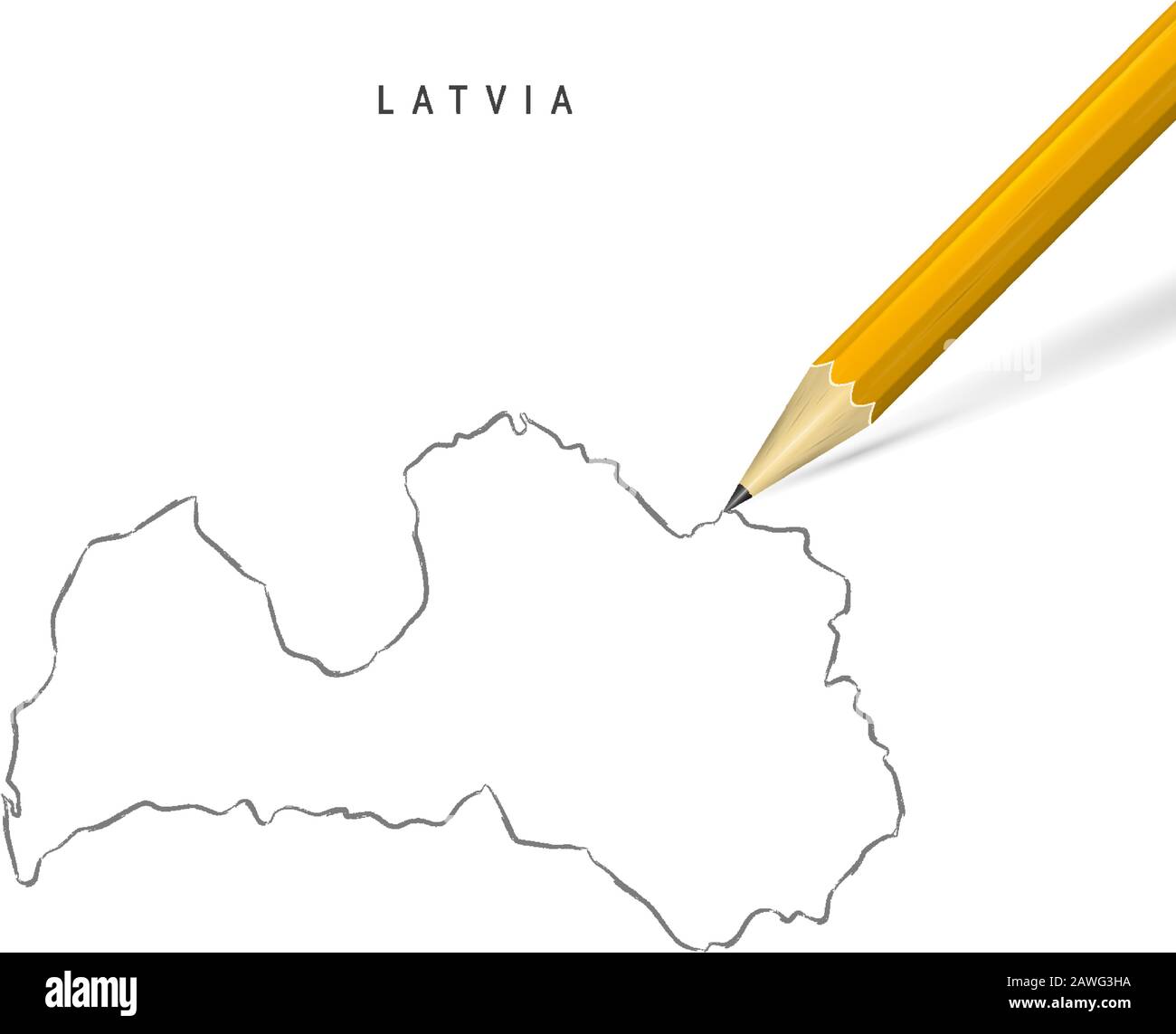 Lettland Freihandbleistift Skizze Karte isoliert auf weißem Hintergrund. Leere, handgezeichnete Vektorkarte von Lettland. Realistischer 3D-Bleistift mit weichem Schatten. Stock Vektor