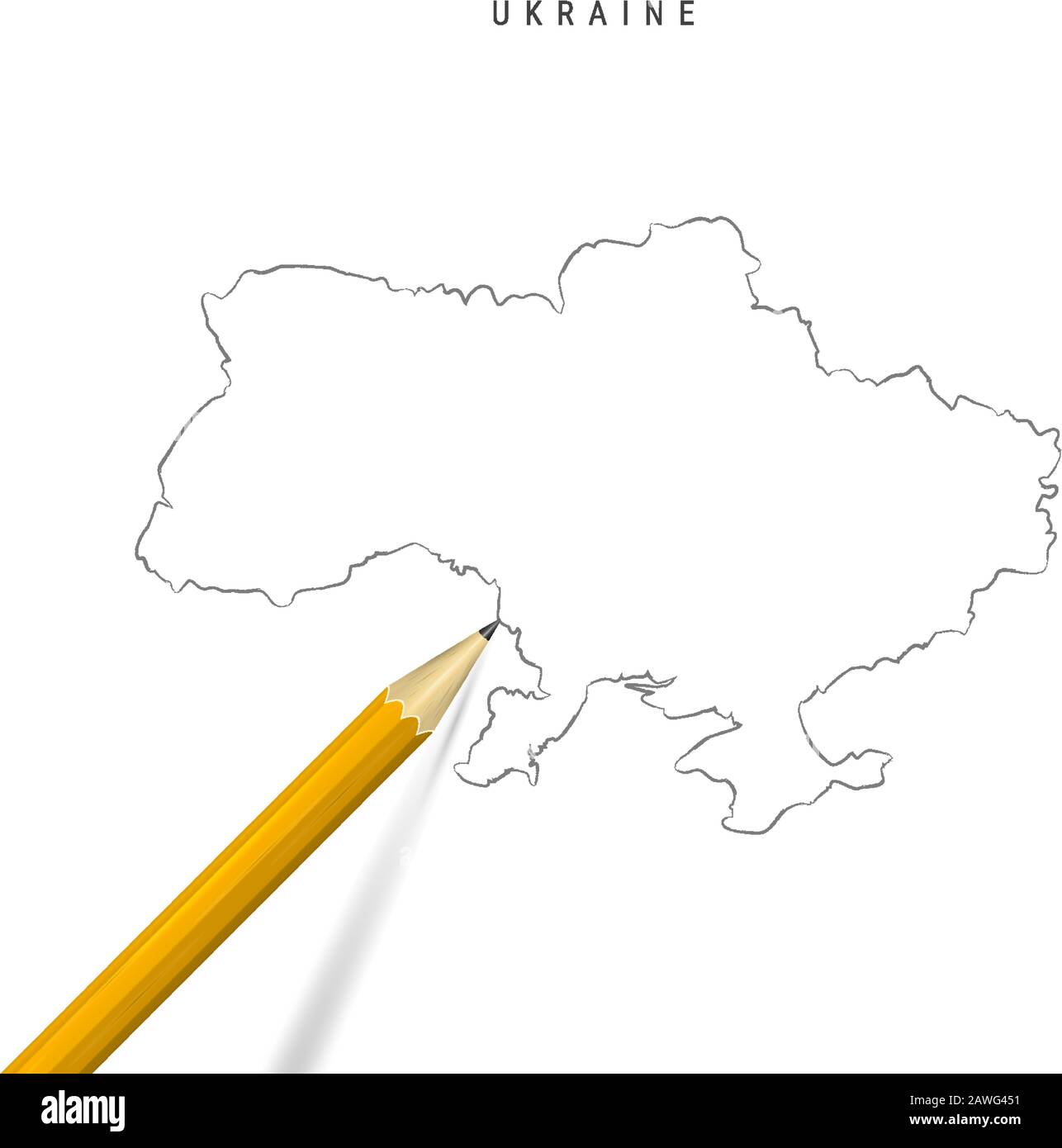 Ukraine Freihandbleistift Skizze Karte isoliert auf weißem Hintergrund. Leere, handgezeichnete Vektorkarte der Ukraine. Realistischer 3D-Bleistift mit weichem Schatten. Stock Vektor
