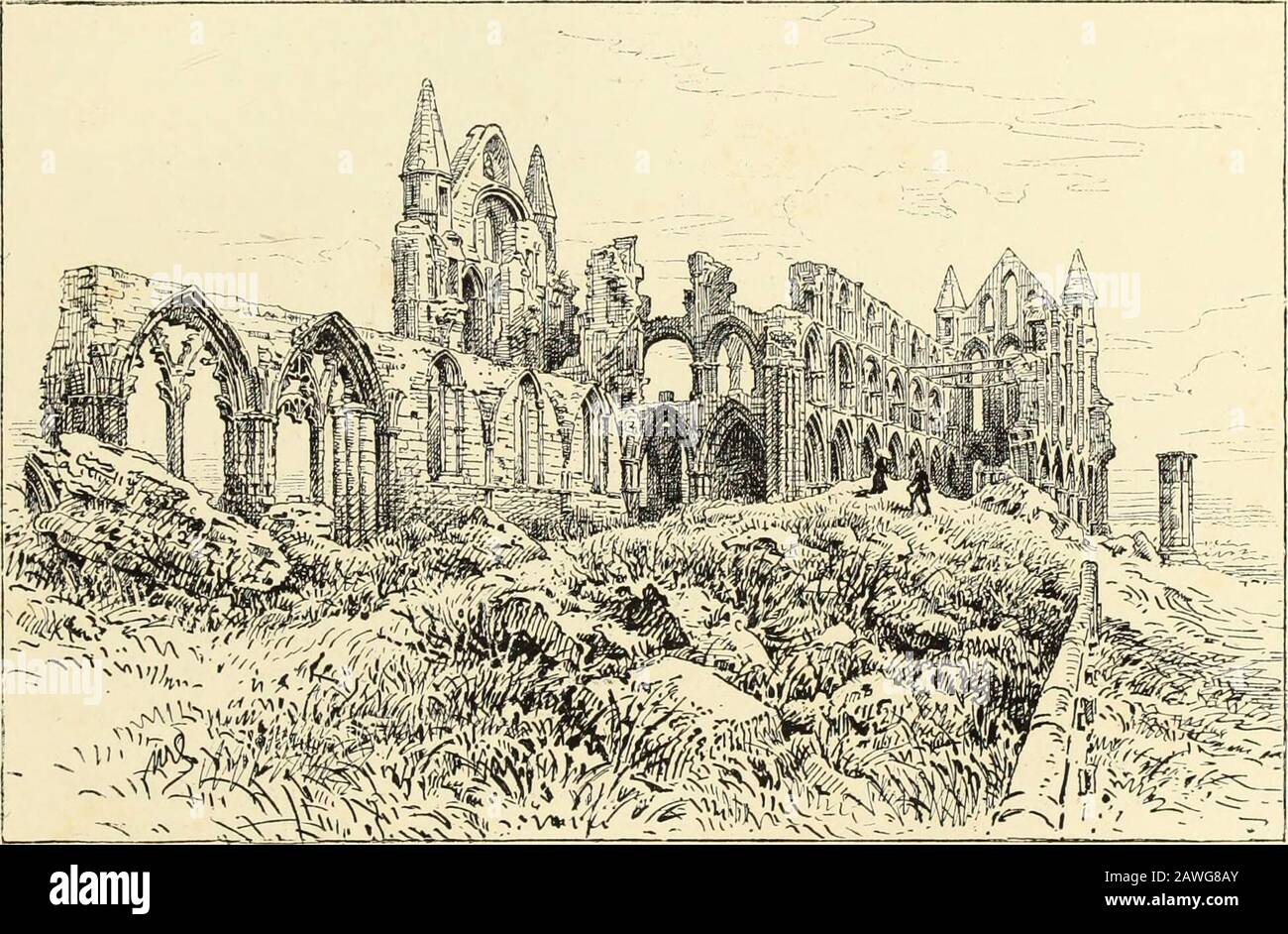 Die zerstörten Abteien von Yorkshire. Hilda war damals bei Hartlepool, aber Schesoon brachte ihre neue Anklage nach Strconcschalch; andin oder etwa das Jahr 656 wurde das Kloster begonnen, beschrieben von William von Malmesbury als die größte der von Oswius Bounty gegründeten. Wenn wir alles, was uns über Hilda erzählt wird, auch über die Autorität der verehrten Bede glauben, dann hat es ihn nicht viele Jahre gefreut, Wer für unsere Errettung eine unbarmherzige Bestimmung getroffen hat, um ihrer Holyseel die Prüfung einer langen Krankheit zu geben, bis zum Ende, dass, so das Beispiel der Apostel, ihre Tugend in infirmi perfektioniert wird Stockfoto