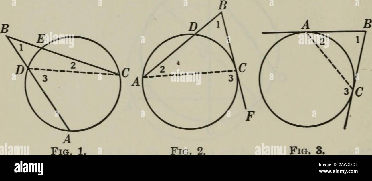 Ebene und Volumenkörpergeometrie . , 4. Z CBD ^ CD. 5. .-. Z ABD - Z CBD OC 1 (ARC BCD - CD), 6. .-. A ABC oc 1 ^. Q.E.D. Gründe 1. § 54, 15. 2. §313. 3. §297. 4. §365. 5. § 362, h, 6. §309. Z. B. 507. In der Abbildung von § 378, wenn Bogen BC = 100^ die Anzahl der Grad im Winkel ABC finden; im Winkel CBD; im Winkel CBE. Z. B. 508. Wenn Tangenten an den Extremitäten einer Sehne gezogen werden, die einen Bogen von 120 Grad unterzieht, welche Art von Dreieck wird gebildet? Z. B. 509. Wird eine Tangente in einen Kreis an der Extremität des Achords gezogen, ist der Mittelpunkt des untergezogenen Bogens äquidistant von der Chorund der Tangente. Z. B. 510. Pr Lösen Stockfoto