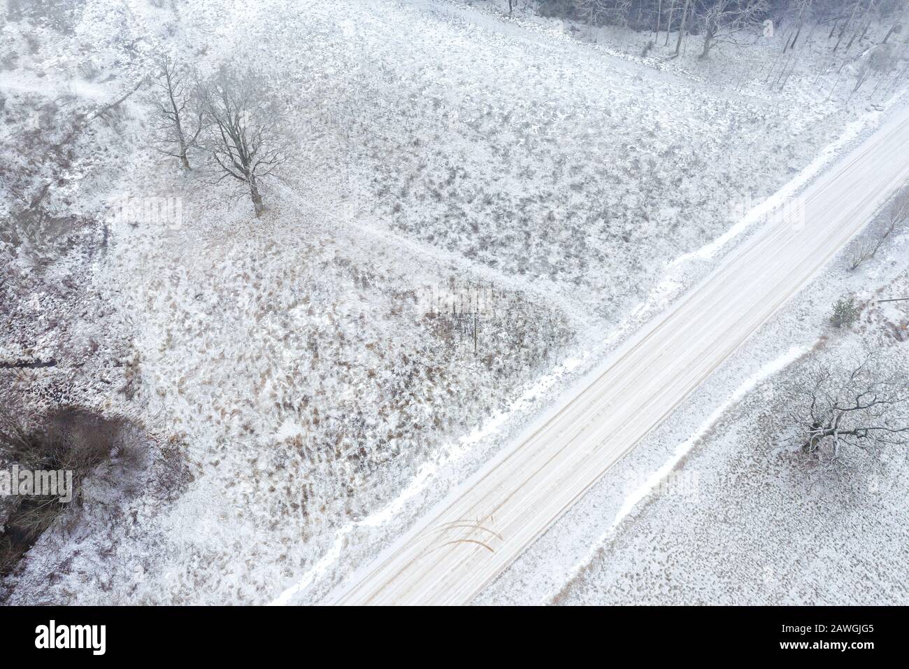 Winterliche Nebellandschaft: Landstraße zwischen einem gefrorenen Agrarfeld. Drohnenfoto Stockfoto
