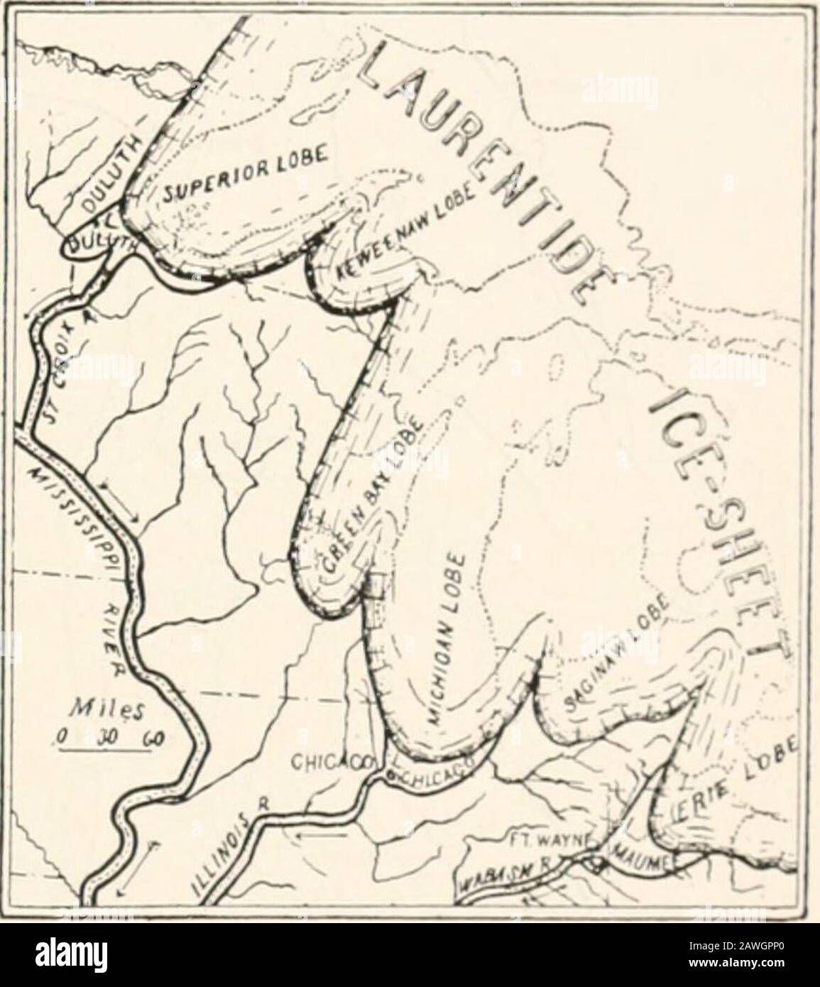 Die physische Geographie des Staates New York . größte dieser Seen.Innerhalb des Staates NewYork existedat solche Seen ein späteres Mal in den Tälern von Geuesee, Seneca, Cayugaand. Wenn der Eisdamm weiter hinten schmolzen ist, senken Sie aus-,,,,;. 13,. T;(vkll,s II1!lp von,",,,, [ce maflows wurden entdeckt, und lakt den Pegel des Seewassers. Gleichzeitig strömten einige der kleinen Randseen nacheinander zusammen und strömten durch einen Auslauf statt durch zwei oder mehr aus.zum Beispiel, wie, wie in Den Abbildungen .2 und b.i&gt; dargestellt, der Maumee-See sich zu dem Vhittlesey-See ausdehnte und über den flüchtete Stockfoto