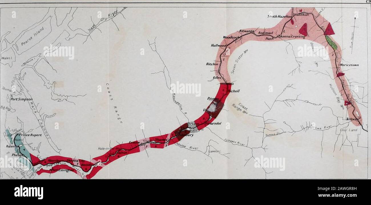 Reiseführer für Ausflüge in Kanada1-10 . Rough wie Theland stieg und der Fluss seinen Kanal vertiefte, und nun auf Bänken in verschiedenen Höhen über dem Wasserspiegel bis zu mindestens 91,4 m. LITERATURVERZEICHNIS. 1. DAWSON, G. M. G.S.C. Rep. Of Progress 1879-80, Teil B. 2. Robertson W. F. Jahresbericht, Minister für Mines, B.C. 1905. 3. LEACH, W. W. W. W. S. C. Übersichtsbericht, 1906. 4. LEACH, W. W. W. W. S. C. Übersichtsbericht, 1907. 5. LEACH, W. W. W. W. S. C. Telkwa River und Umgebung, Pub. Nr. 988, 1907. 6. SPENCER, A. C U.S.G.S.G. Bull Nr. 287, 1907. 7. LEACH, W. W. W. W. S. C. Übersichtsbericht, 1908. 8. Wright, F. E. Stockfoto