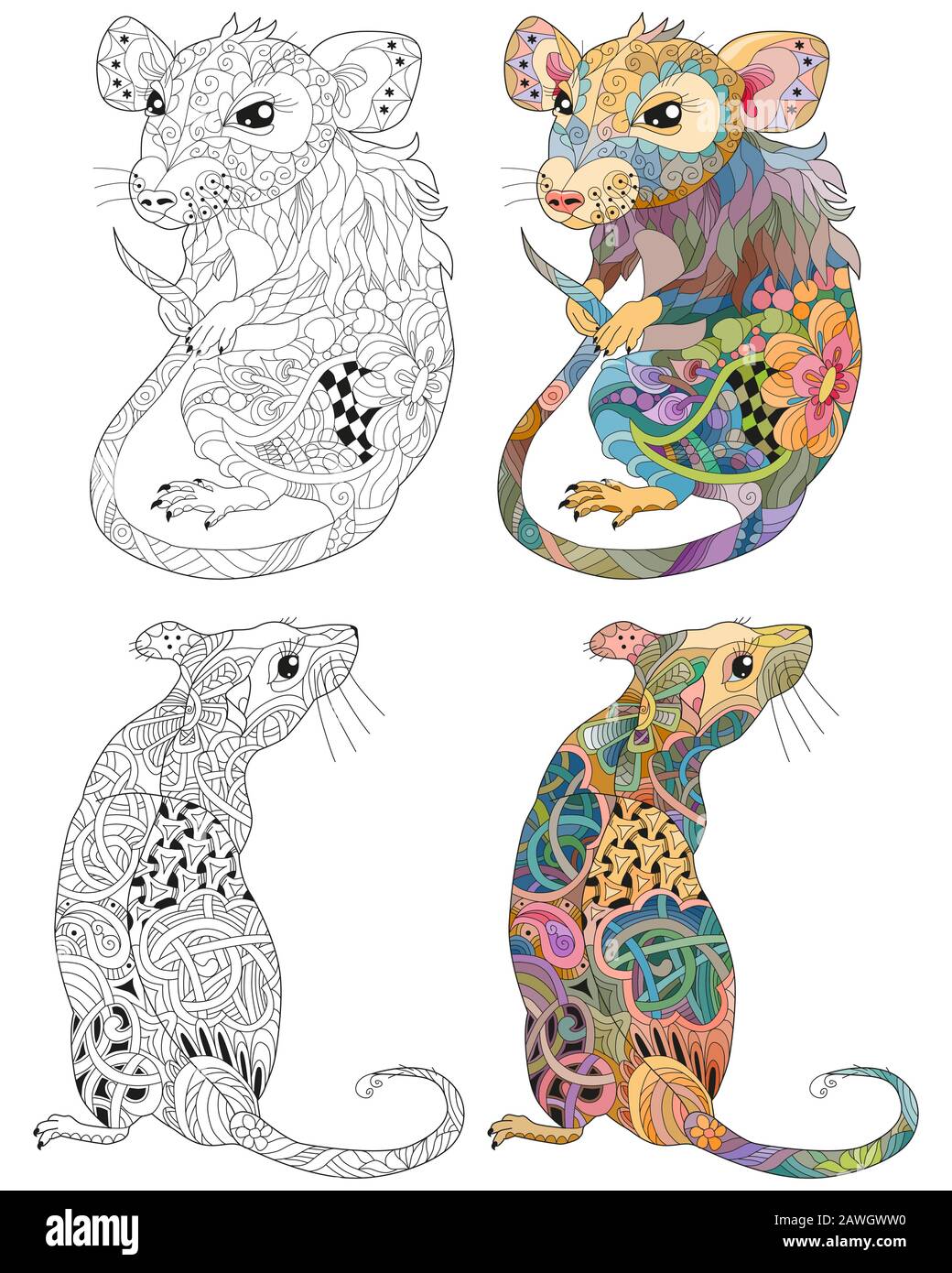 Zentangle stilisierte Ratten. Vektorgrafiken mit Handgezeichneter Spitze Stock Vektor
