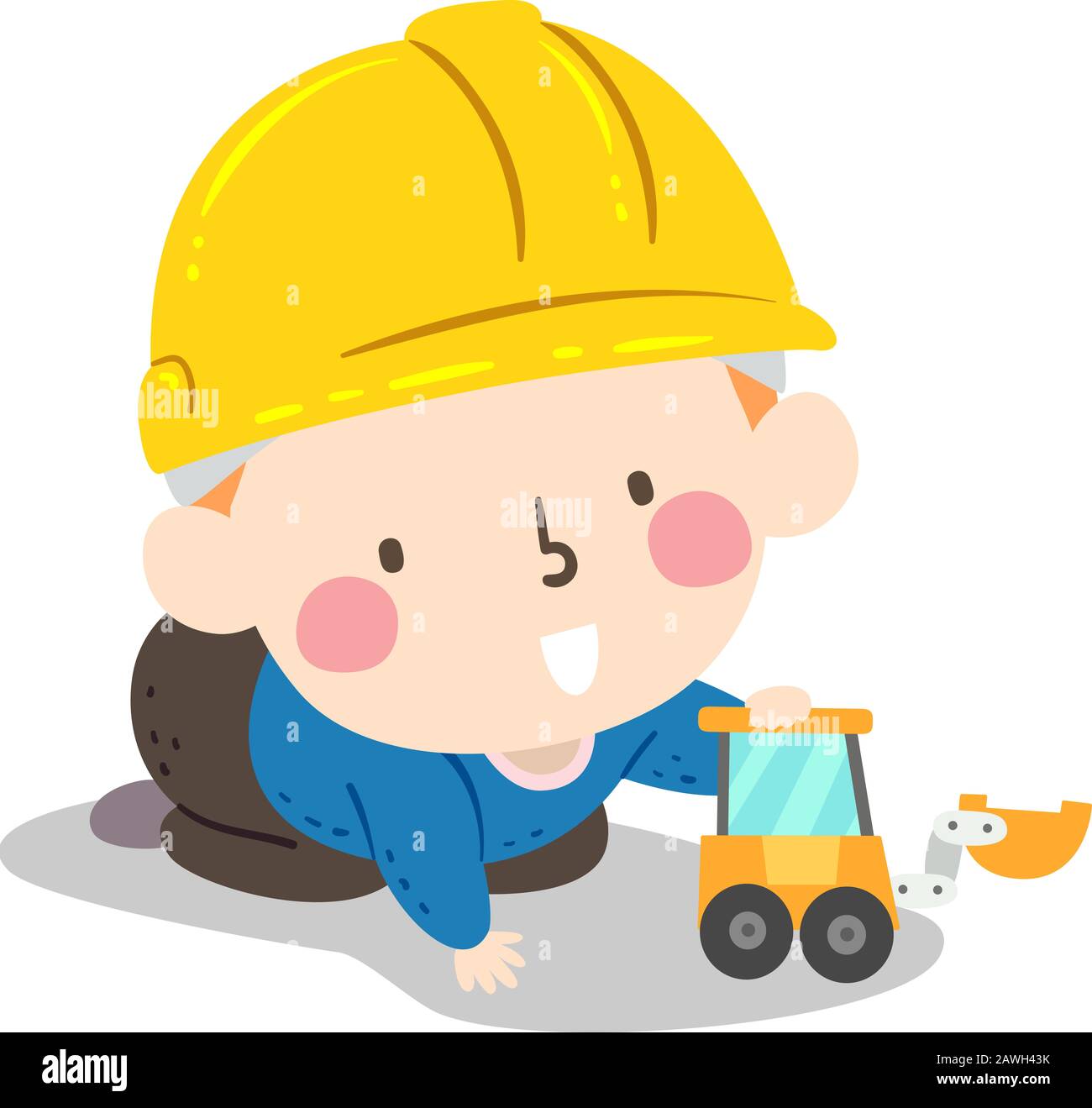 Abbildung: Ein Kid Baby Boy Mit Construction Yellow Hard hat und Mit einem Truck Loader Spielt Stockfoto