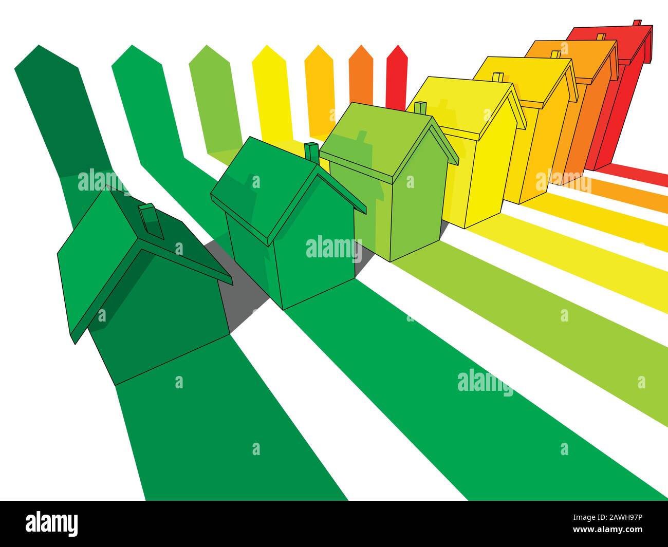 sieben Häuser in sieben energetischen Klassen in Energie Bewertung Diagramm zertifiziert Stock Vektor