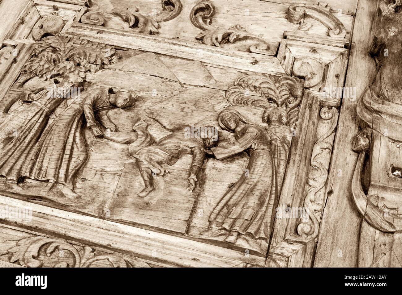 Antike Holzgravur - Nahaufnahme Stockfoto
