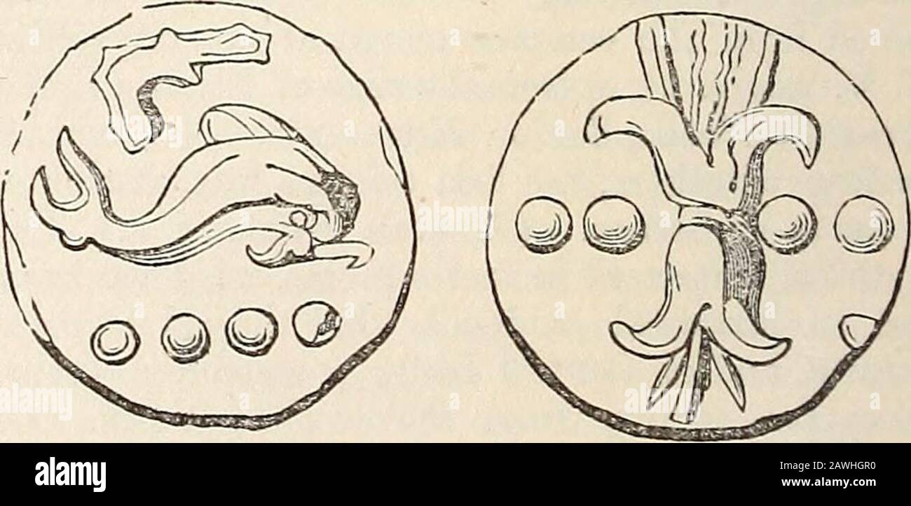 Ein Wörterbuch der griechischen und römischen Antiquitäten. . von 11, 10, 9, 8, 7, 6, 5, 4,3, 2, li und 1 Unzen. Von diesen Spaltungen wurden die Münzen dargestellt, nämlich Thesemis, Quincunx, Triens, Quadrans, Sextans und Uncia. Es gibt eine einsame Instanz der Existenz von Thedodrans, in einer Münze der Familie Cassian, Bäringan S und drei Kugeln. Wir haben keine genaue Information über die Zeit, in der diese Trennungen erstmals eingeführt wurden, aber es war wahrscheinlich fast schon die erste Prägung von Kupfergeld. Die Halbtöne, Semissis oder Halbtöne, die Hälfte der AS oder die Sechziger, sind immer mit einem S bis gekennzeichnet Stockfoto