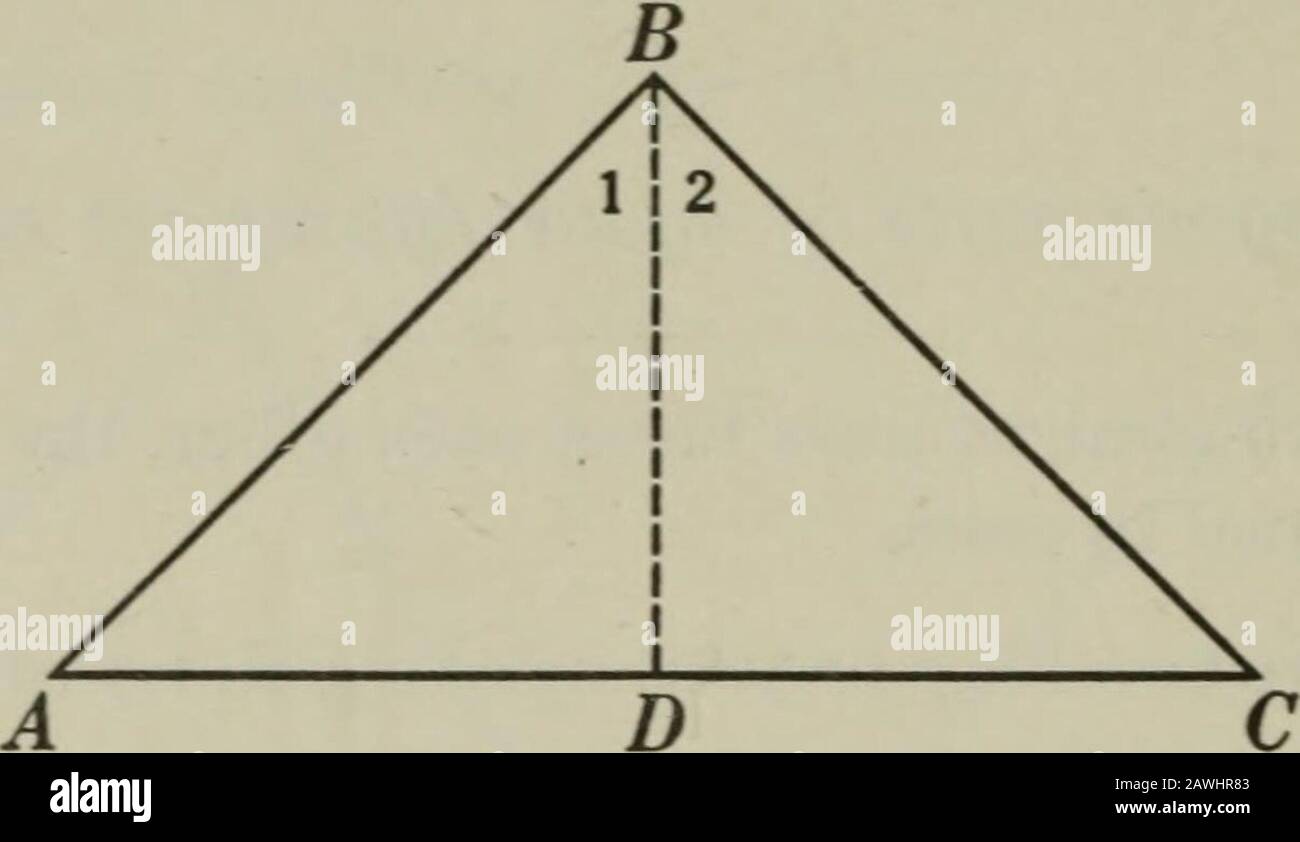 Ebene und Volumenkörpergeometrie . Abb. 1. Abb. 2. Z. B. 67. Extend Ex. QQ&gt; für den Fall, dass die gleichen Segmente auf den Armen durch den Scheitelpunkt verlängert werden (Abb. 2). 30 EBENENGEOMETRIE PROPOSITIOX IV Theoremm. Die Grundwinkel eines Isosceles-Dreiecks sind gleich. Gegeben isosceles EIN ABC, mit ab und BC seine gleichen Seiten.Zu beweisen /. A = z. C, Argumentationsgründe 1. Lassen Sie BD Z ABC halbieren. 1. Jedes Z hat nur einen Bi-Sektor. § 53. 0 In ABD und DBC, ab = BC, 2. Nach hyp. 3. BD = BD. 3. Von den. 4. Z1 = Z2. 4. Nach Kontra. 5. .-. Aabd = Adbc. 5. Zwei A sind gleich, wenn zwei Seiten und das einschließende Z von einem gleich r sind Stockfoto