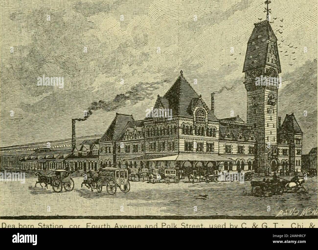 Rand, McNally & co.'s praktischer Führer nach Chicago und World's Columbian Exposition ..What to See and how to See it .. Union Depot, Canal und Adams Streets, die von der P., Ft. W. & C; C, B. & Q.;C, M. & St. P., und C. & A. Die folgende Liste von Eisenbahnen, Depots und Ticketbüros wird nützlich sein: Atchison, Topeka & Santa Fe.-Depot, Polk Street und Third Avenue. Central Ticket Office, 212 Clark Street. Baltimore & Ohio.-Grand Central Depot, Fifth Avenue und Harrison Street. City Ticket Office, 193 Clark Street. DIE ANKUNFT IN CHICAGO. 33 Chicago & Erie.-Depot, Polk Street und Third Avenue.General Stockfoto