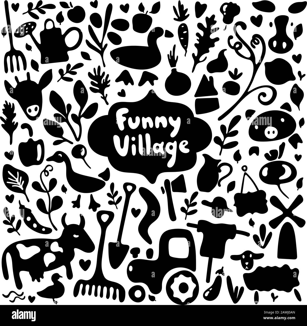 Vektorsatz für Farm-Illustrationen. Süße Bauernhof-Doodles mit schwarzen Elementen auf weißem Hintergrund. Text Funny Village. Ländliches Leben im Zeichentrickstil, viel Stock Vektor