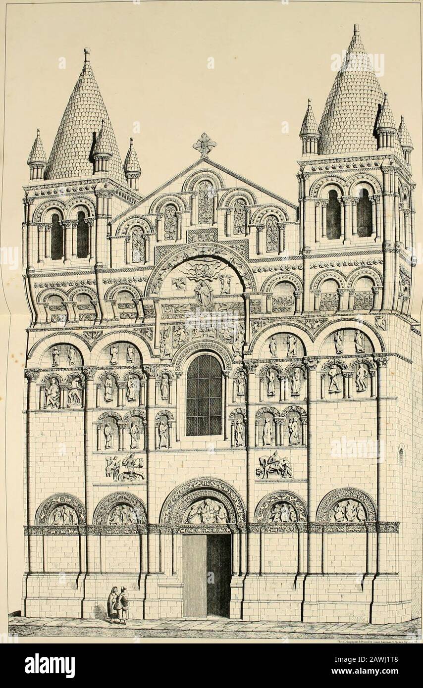 Ein Besuch der Kuppelkirchen von Charente, Frankreich, durch die Architectural Association of London, im Jahr 1875 : als Denkmal für Edmund Sharpe veröffentlicht : mit einem historischen und beschreibenden Text, der von sechzig fotlithographierten Platten illustriert wird. D Hundezahn wird von Garat in pi gegeben. 45, und eine der Hauptstädte von Dirac in pi. 54. Diese Kirche hat auch eine gute Westfront aus zwei Stockwerken, mit einer bemerkenswerten Tür. Platte 19 enthält eine Hauptstadt der Abtei von La Couronne und in pi. 45 ist von Plaizac aus zu erreichen: Beide Orte sind in Kap. ii. LISTE DER MITGLIEDER DES EXKURSIONSTEILS aufgeführt Stockfoto