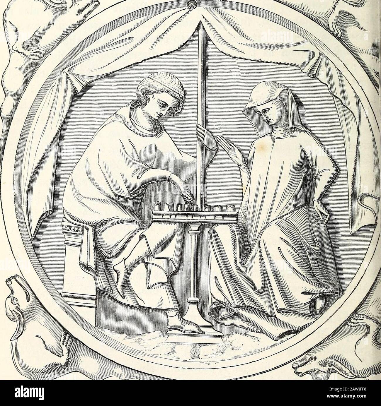 Sussex archäologische Sammlungen in Bezug auf die Geschichte und Antiquitäten der Grafschaft . 804 ARCHAEOLOGICAL INSTITUTE Skulptierte Elfenbein-Spiegelkoffer, auf denen eine You:Lady und Gentleman vertreten sind, die im Schach spielen. Datum, ca. 1320. (Sjwoodcut.) Vier groteske Tiere werden um die Scheibe gelegt. (Das Reverse ist ein flacher Hohlraum, der den Spiegel erhielt, probat Iof polierter Stahl. Einige schöne Spiegelkoffer aus Elfenbein, die in kontinentalen Sammlungen enthalten sind, wurden von Herrn Nesbitt entworfen, aJform Teil der Serie, die von der Arundel Society zu beziehen ist., jThe Hon Robert Curzon, jun. :.TT Stockfoto