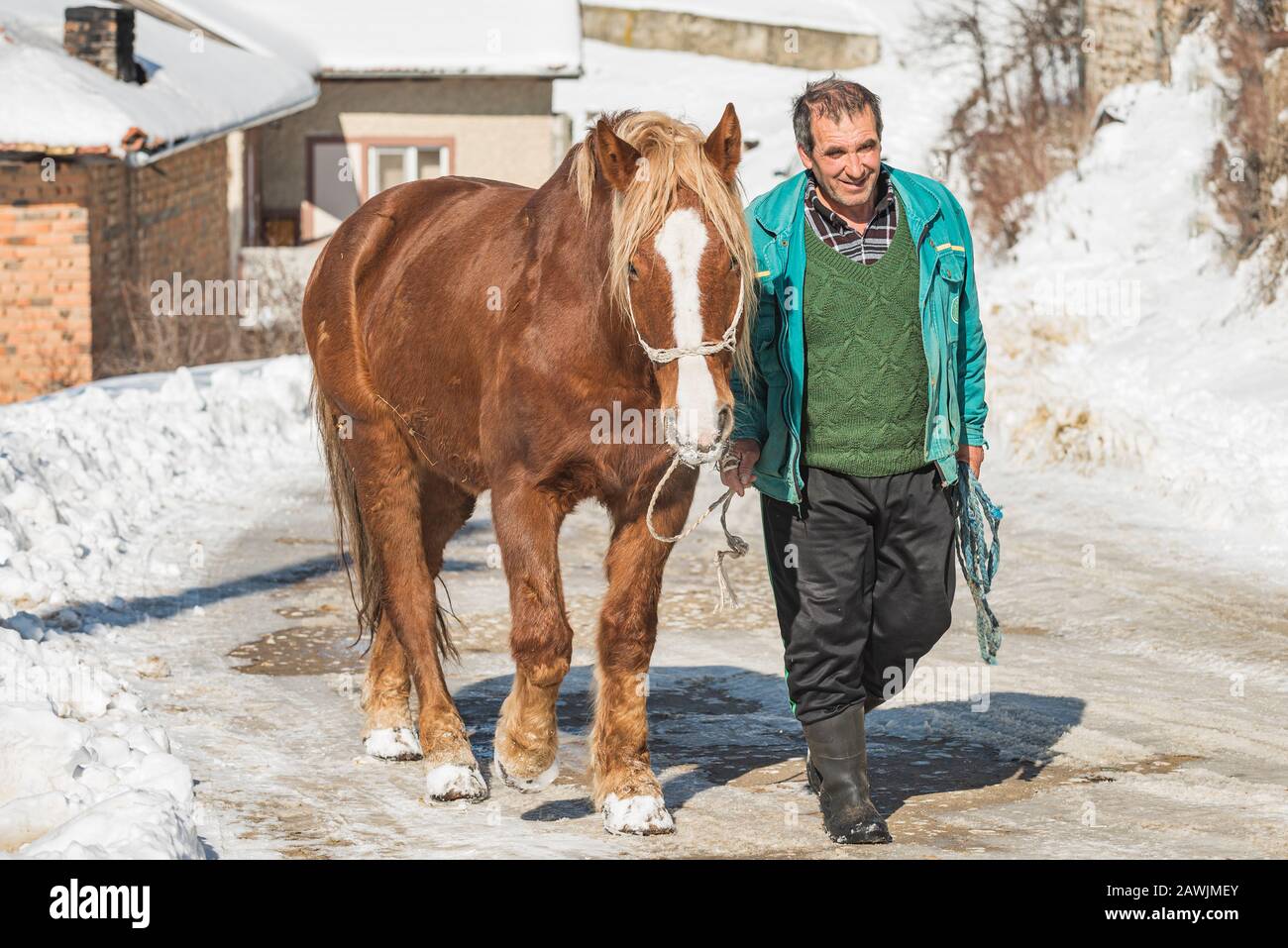 Graschewo Dorf, Rhodopes, Bulgarien - 8. Februar 2020: Alter Mann mit seinem Pferd auf der Straße im Graschewo-Dorf, hoch in den Winterbergen. Stockfoto