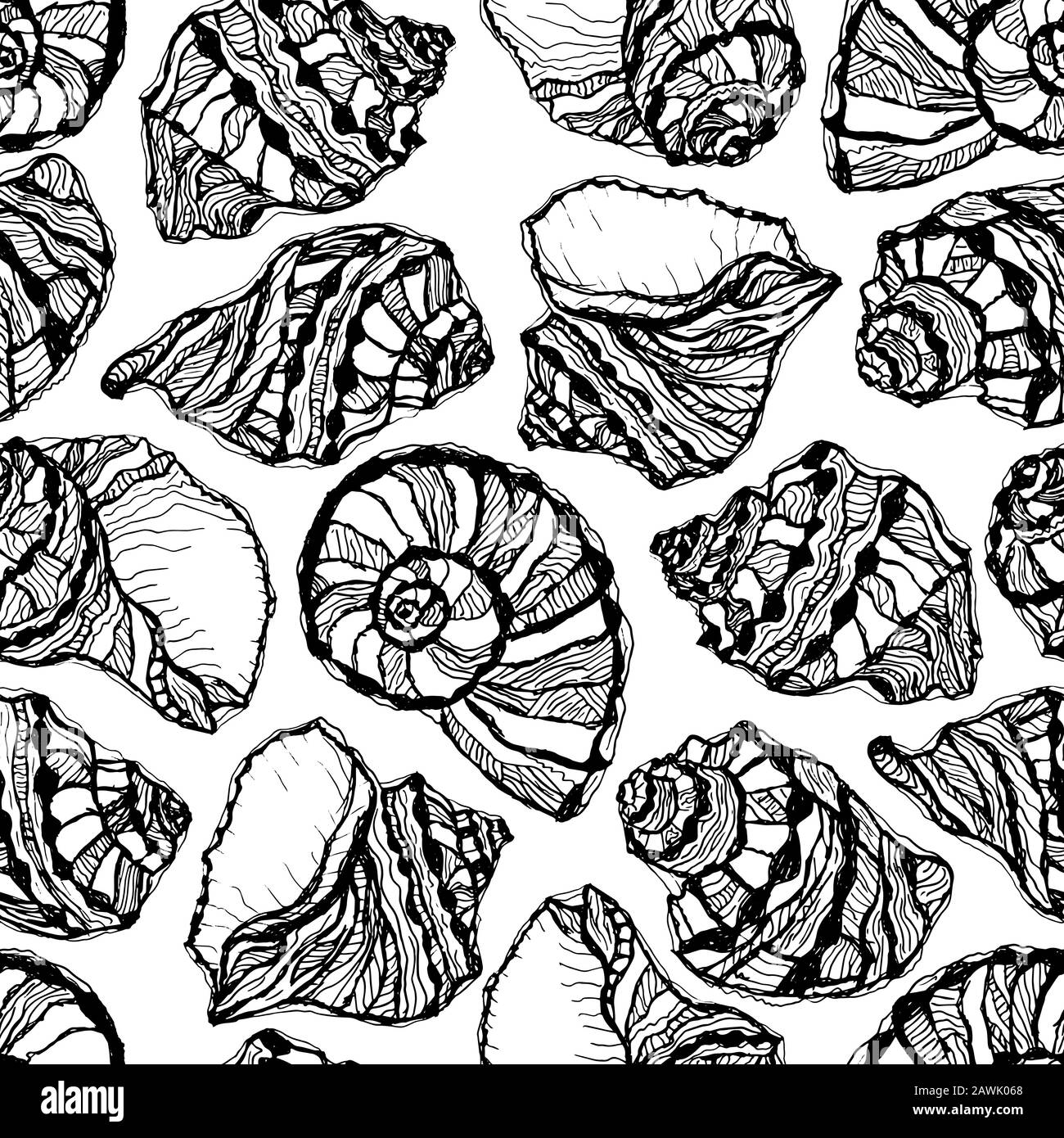 Vektordarstellung des nahtlosen Schiffs. Handgezogene Meeresschalen. Malbuch. Skizzenklungen Stock Vektor