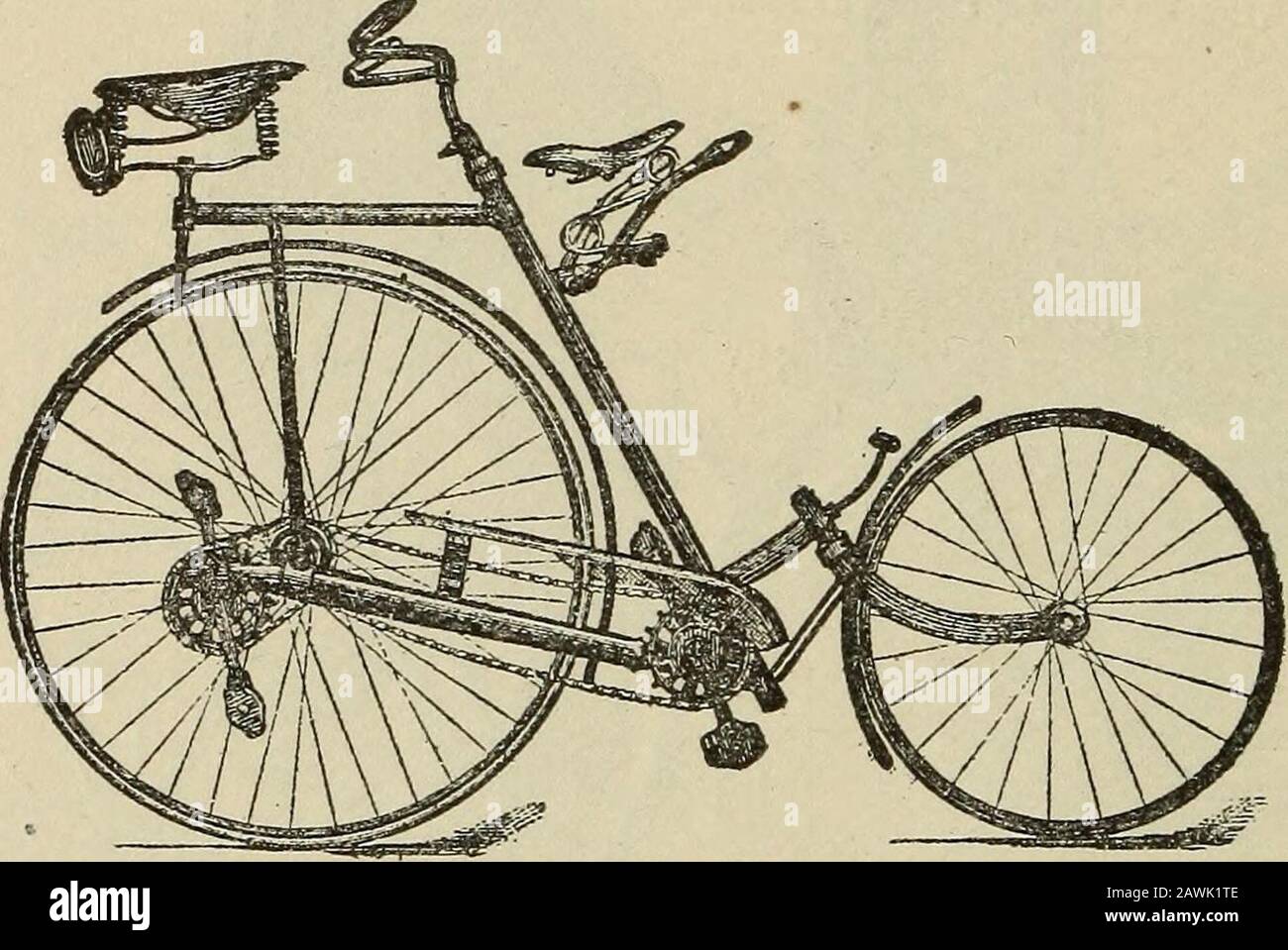 Räder und Rad; ein unverzichtbares Handbuch für Radfahrer mit über zweihundert Abbildungen . Wilsons Safety Tandem. Typ fing schnell an, das Kangaroo aus dem Feld zu drängen. Mit dem zugesicherten Erfolg des Rover erschien die Tandemidee noch einmal. Zunächst schien Wilsons Plan, den zweiten Sitzplatz direkt vor die Griffstange zu stellen, mit gebogenen Griffen 134 RÄDER UND RÄDERN, für den Vorderfahrer und die Vordergabeln zu verlängern, um Kettenräder und Kette im Kangaroostil zu tragen. Aber dieser Plan hat sich nicht als erfolgreich erwiesen Stockfoto