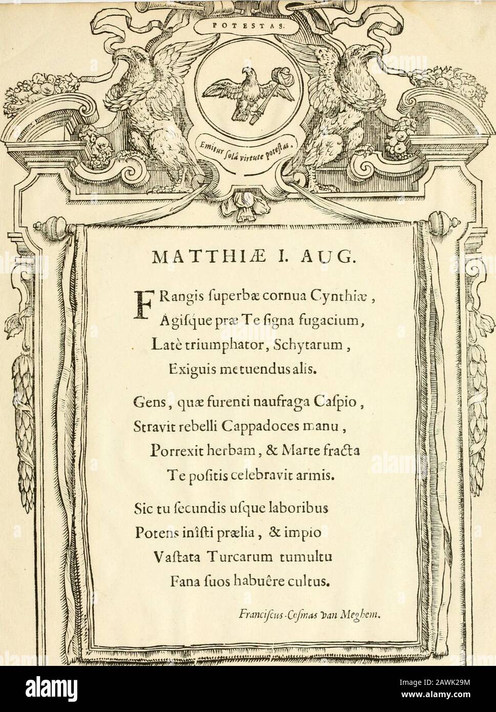 Serenissimorum pientissimorumque principum austriacorum Symbola et elogia.^^ :^ • l!ff!Tni*!&gt;i N V &gt; &gt;*  - t. WF. M i? •NV.?i"-. &gt;li4 *? .^. Pidiicia in Clirifti Crucem. Ilil! Iiiiiii MiiTiniMii i VV -V V V V -&gt;/ Mo  §:" PRS FERDINA ^ I. A U G U S T O- Ix ubi fublimi far efl Deus ore locutusDelionovi^ftore Crucis: IVIadle. Ocvus hoflerrjInvade, egregiam verweist auf einen Milite laudem * Intus amor pulfat Fibras, ex^fluat omniparte calor, totumque pio cor carritur igni.lamque ipfe in fcrum pro Relligion ruebas;Etfmccladc, bravterbas, frorbas Stockfoto