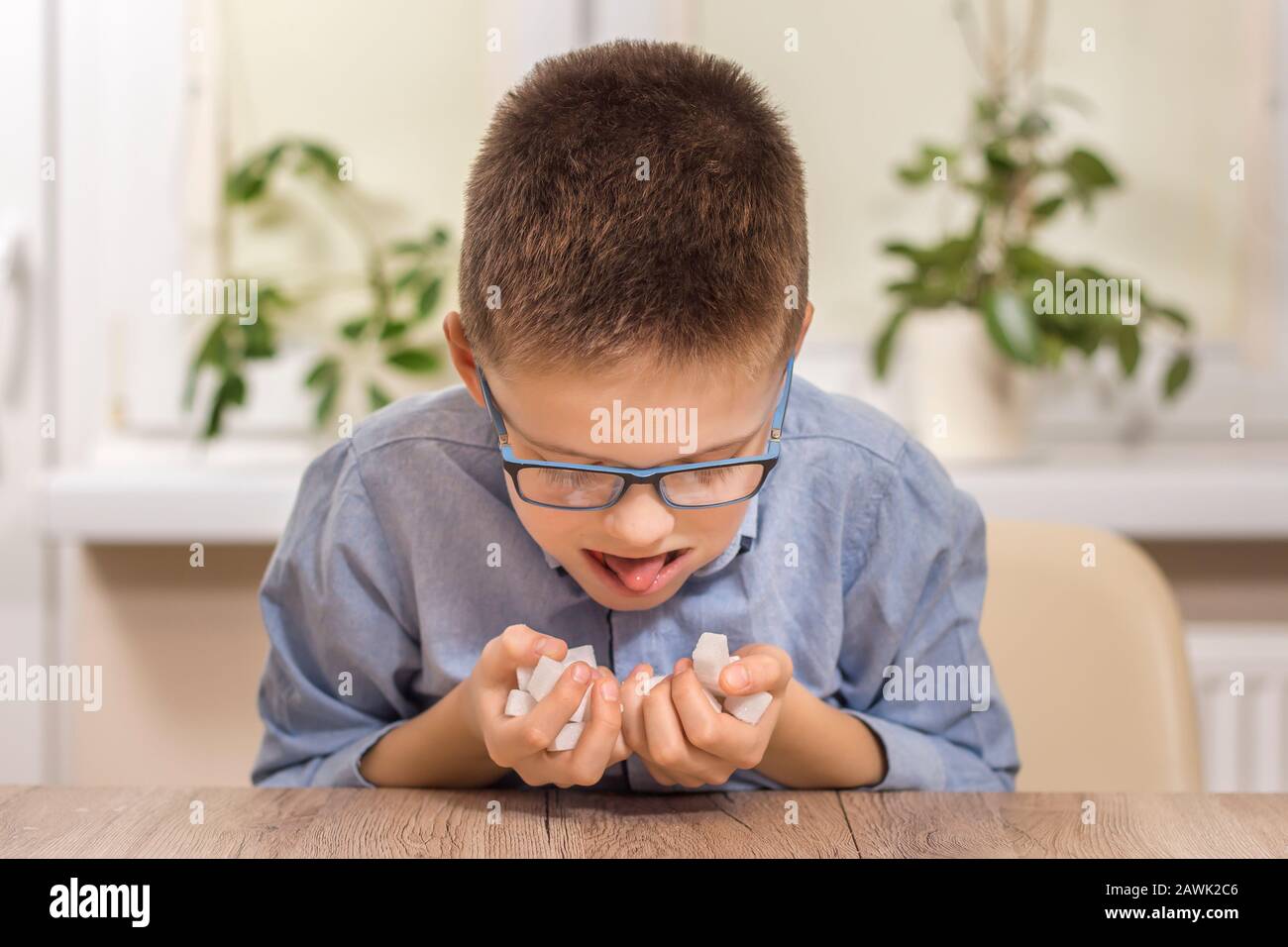 Schulalter Junge sitzt am Tisch. Er hält eine ganze Handvoll Zuckerwürfel. Seine Wangen sind mit Süßigkeiten gefüllt. Mit der Zunge heraus greift er zu Stockfoto