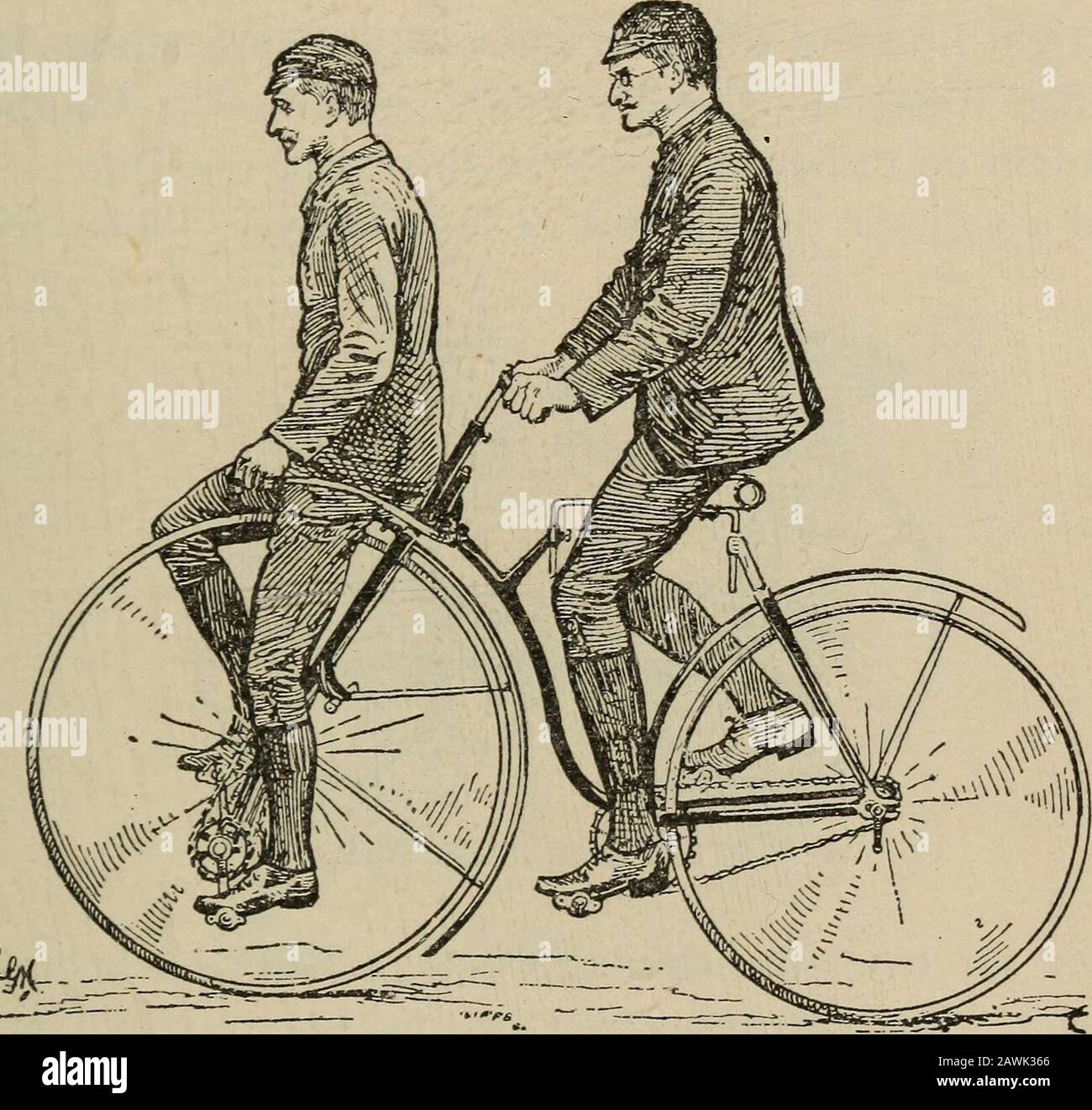 Räder und Rad; ein unverzichtbares Handbuch für Radfahrer mit über zweihundert Abbildungen . Rucker Tandem Bicycle. Die Rennräder wurden entfernt, und ihre Antriebsräder werden durch eine Bar verbunden. Beide Fahrer fuhren; sie lenkten unabhängig voneinander, und der hintere Fahrer war neben dem Erhalt seines eigenen Gleichgewichts verpflichtet, mit dem Anführer zu fahren. Dies war nicht immer eine leichte Aufgabe, und es konnte leicht zu Seitenstürzen kommen. In der Tat, so wenige Vorteile in dieser Form des Tandems, dass es nie sehr populär wurde und längst nicht mehr so perlend ist. DREIRÄDER. 133 Der Erfolg des Kangaroo-Typs und seines R. Stockfoto
