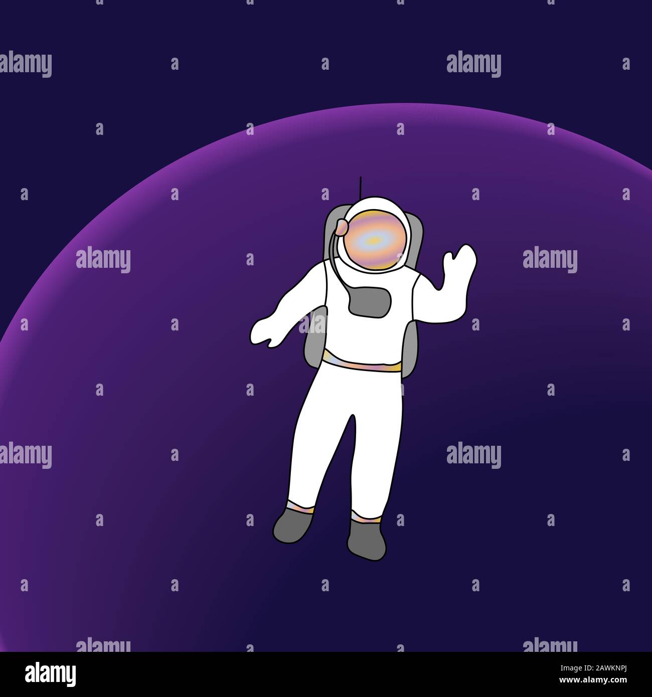 Kosmonauten-Astronaut im Kosmos. Farbenfroher Umriss auf violettem Hintergrund. Das Bild kann in Grußkarten, Postern, Flyern, Bannern, Logos, weiterem Design usw. verwendet werden. EPS10 Stock Vektor