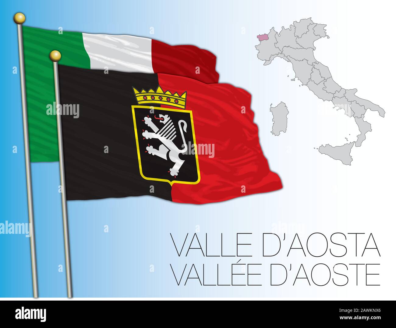 Valle d'Aosta offizielle regionale Flagge und Karte, Italien, Vektorgrafiken Stock Vektor