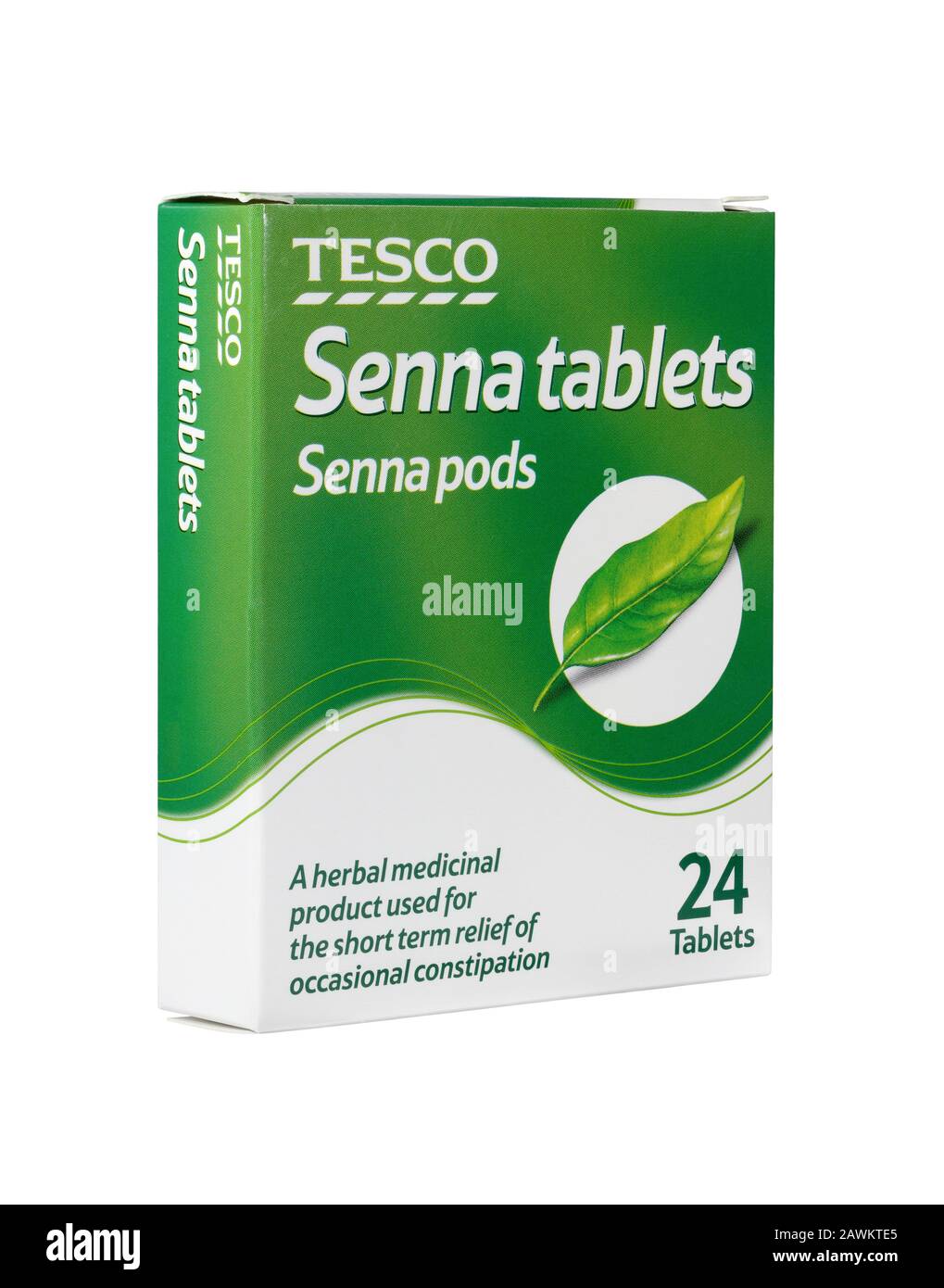 24 Tesco Senna Tabletts, Senna Pods, isoliert auf weißem Hintergrund. Ein pflanzliches Arzneimittel zur kurzfristigen Linderung von gelegentlichen Verstopfung Stockfoto