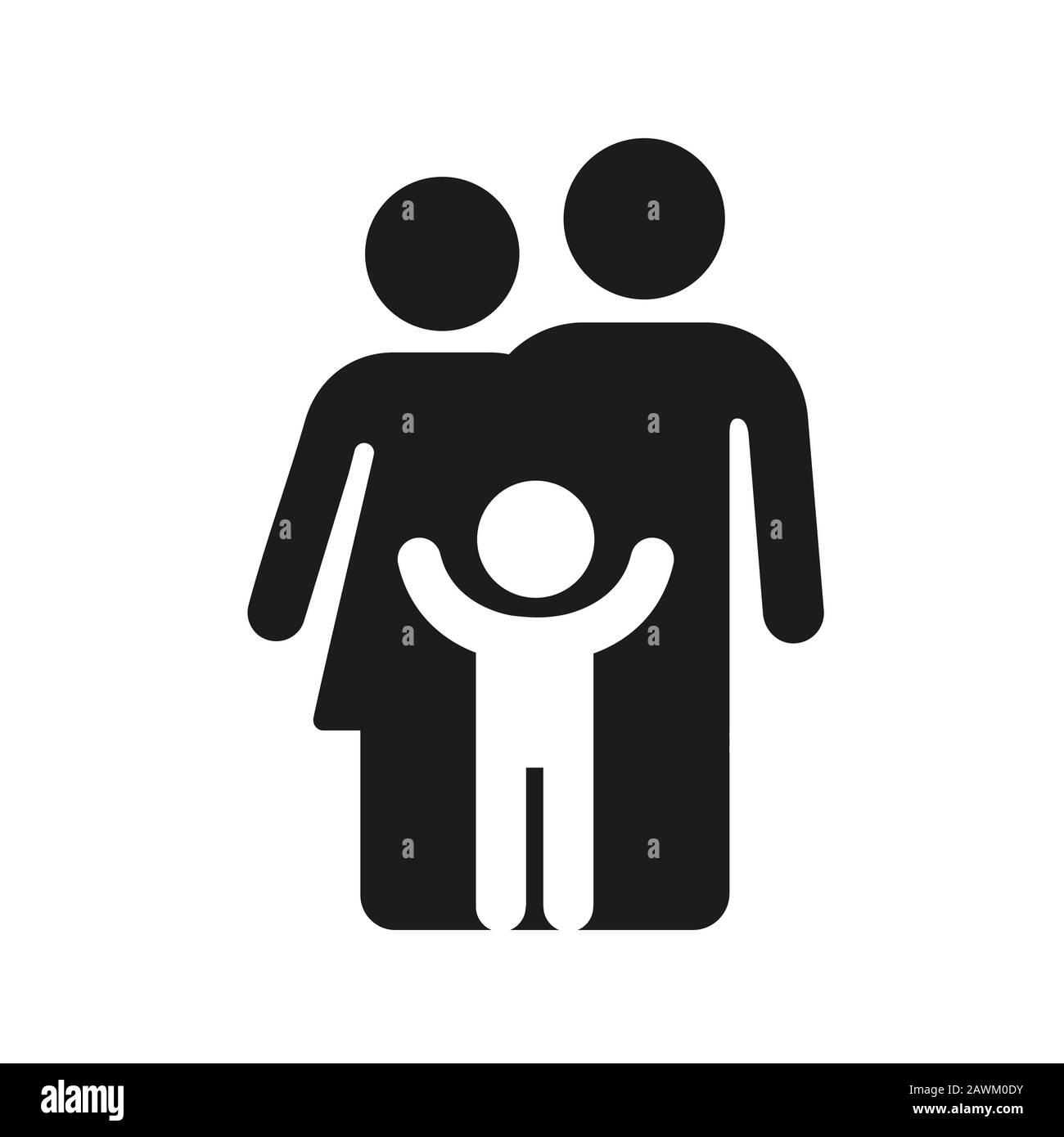 Familiensymbol mit einfacher Abbildung, Eltern und Kind. Silhouette von Vater, Mutter und Kind. Minimales geometrisches Schwarz-Weiß-Symbol oder -Logo. Isolierter Vektor schlecht Stock Vektor