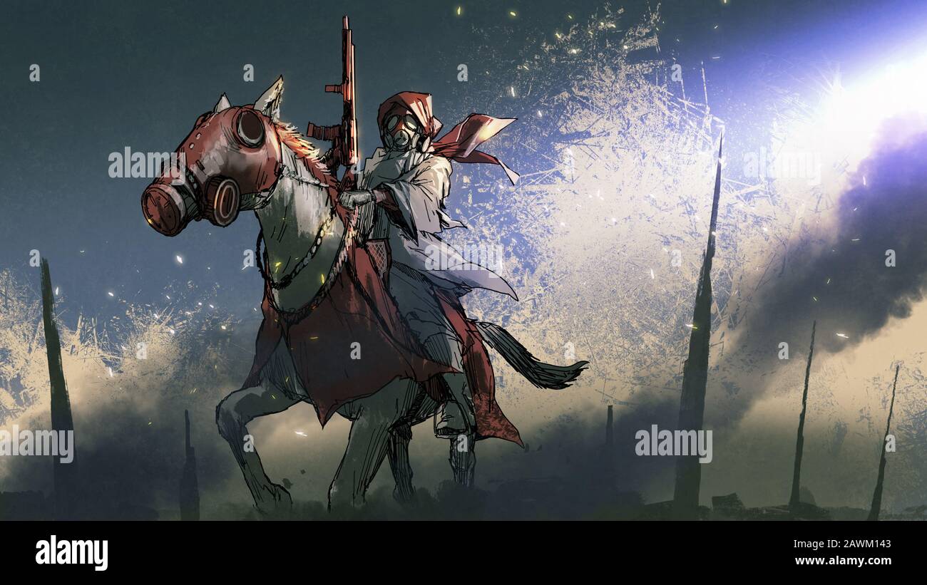 Apocalypse Krieger in einem Mantel mit Gasmaske, die eine Waffe auf dem Pferd hält, digitaler Kunststil, Illustrationsgemälde Stockfoto