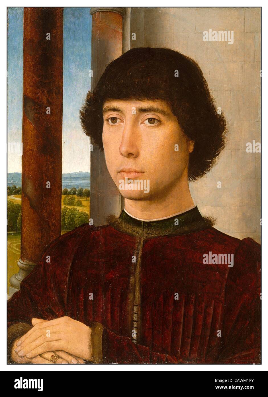 Porträt EINES Jungen Mannes von Hans Memling. Hans Memling (auch Memlinc geschrieben; c 1430 - 11. August 1494) war ein deutscher Maler, der nach Flanderns zog und in der Tradition der Frühen niederländischen Malerei arbeitete. Er wurde im Mittelrheingebiet geboren und verbrachte vermutlich seine Kindheit in Mainz. Er war bis 1465 in die Niederlande gezogen und verbrachte Zeit in der Brüsseler Werkstatt von Rogier van der Weyden. Er wurde in der Folge Bürger von Brüggen, wo er zu einem der führenden Künstler wurde, in denen er religiöse Werke malte, die oft Porträts seiner reichen Mäzene einflossen. Stockfoto