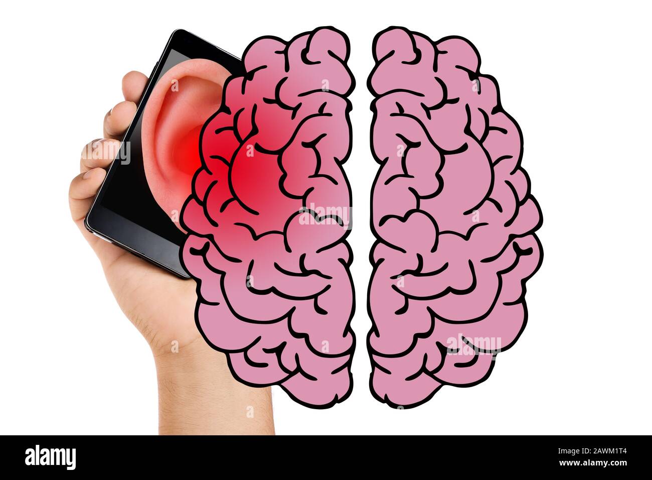 Die Hand hält mobiles strahlendes Gehirn und verursacht Gesundheitsschäden isoliert. Krebskonzept Stockfoto