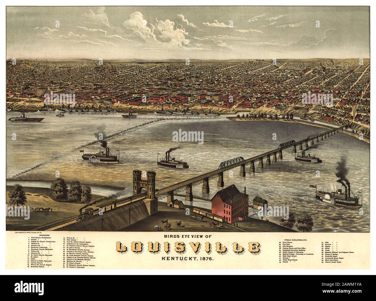 Vintage LOUISVILLE Kentucky Plakat hochauflösende Illustration von 1876 Lithograph Birds Eye View mit prominenten Gebäuden mit Anmerkungen Stockfoto