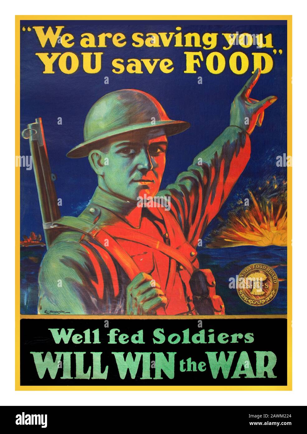 Vintage 1914-1918 Food Rationing American WWI Propagandaplakat in Bezug auf Rationierung, "Wir retten Sie, SIE sparen LEBENSMITTEL" "Gut gefütterte Soldaten WERDEN DEN KRIEG GEWINNEN Stockfoto