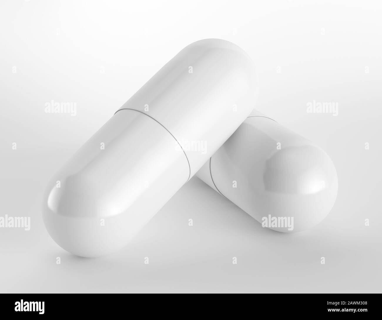Einzelne bunte Kapsel und Tablette liegen isoliert auf weiß. Gesundheitswesen und medizinisches Konzept. Stockfoto
