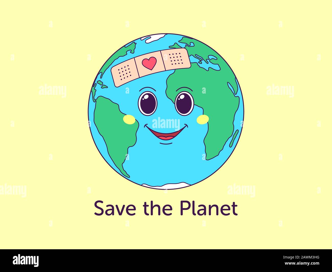 Cartoon Erde mit fröhlichem Gesicht und Text Save the Planet. Freundliche Welt für Postkarten, Banner und Poster. Liebe zur Welt. Süßes Cha Stock Vektor