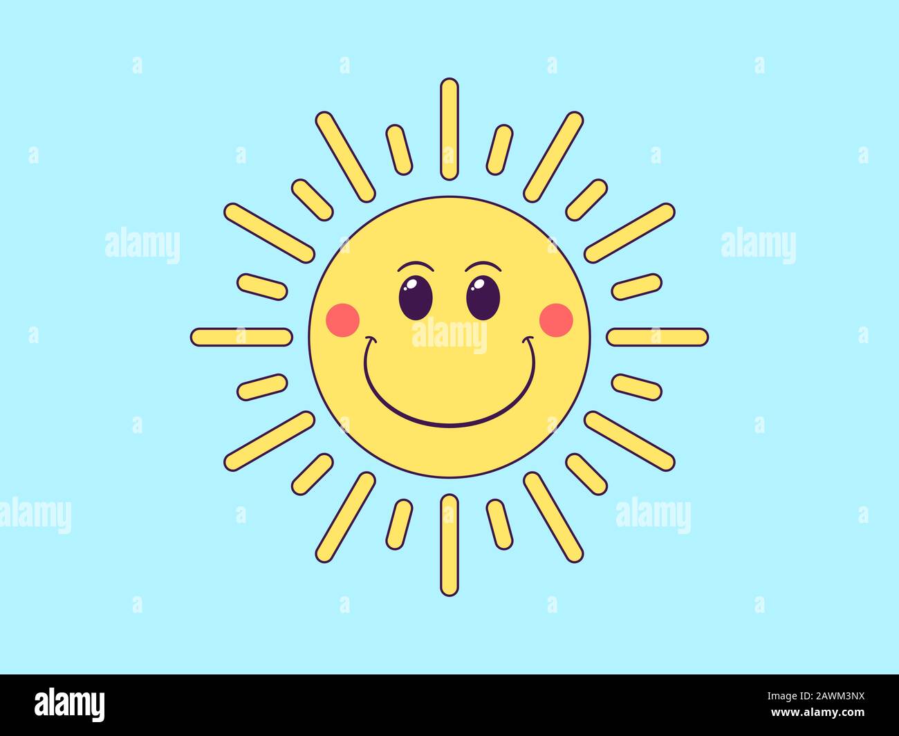 Cartoon-Sonne mit fröhlichem Gesicht. Freundliche Sonne für Postkartendesign, Banner und Poster. Süßer sonniger Charakter mit großem Lächeln und umgeben von Sonnenstrahlen. Vec Stock Vektor