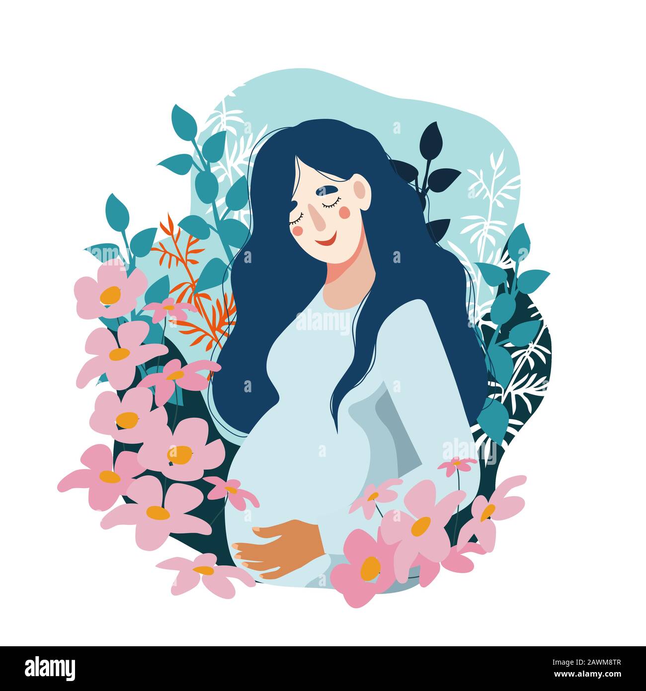 Froher Muttertag. Schwangere Frau umgeben von vielen Blumen. Vereinzelte Vector niedliche flache Illustration. Stock Vektor
