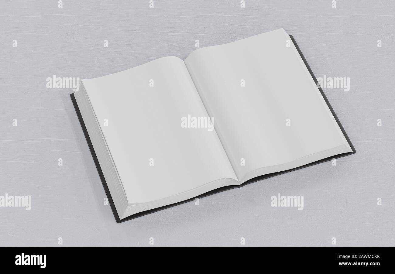 Leeres, leeres geöffnetes Buch im Untergrund aus weißem Holz, 3D-Darstellung Stockfoto