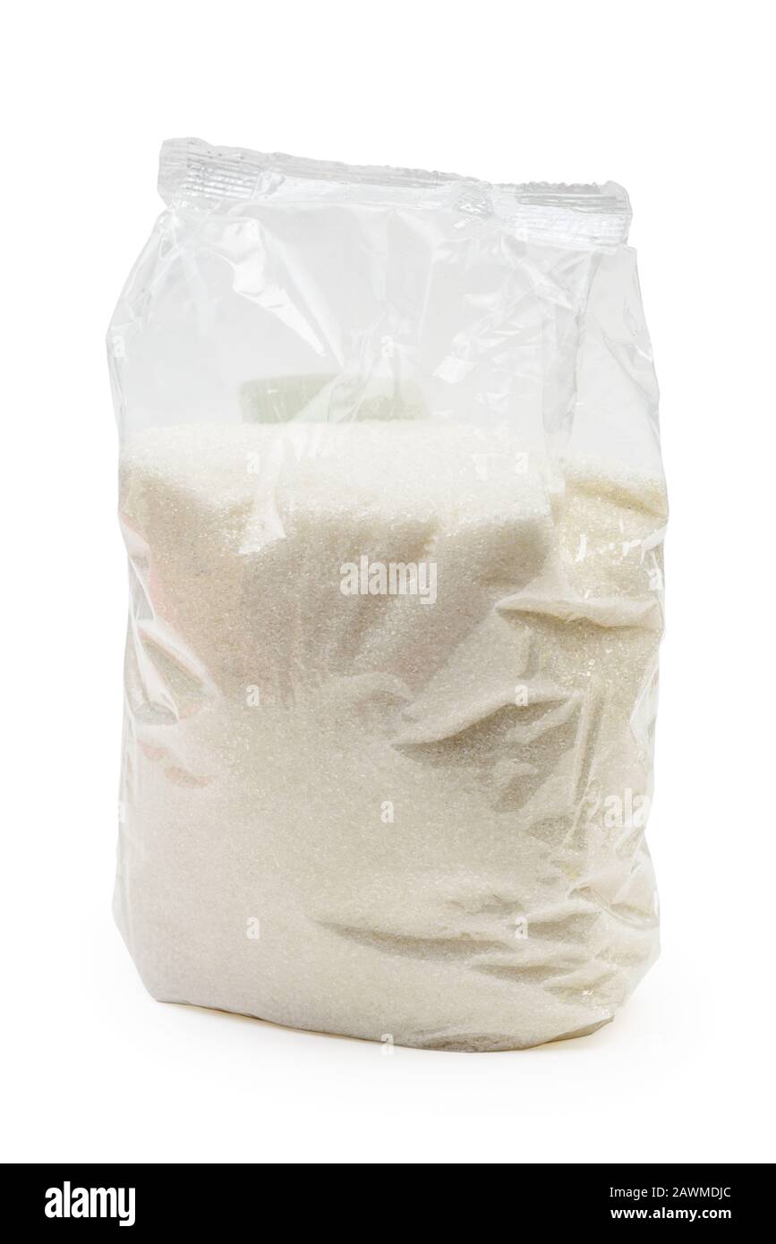 Transparente Kunststoffverpackung aus Zucker auf weißem Hintergrund mit Schneideweg isoliert Stockfoto