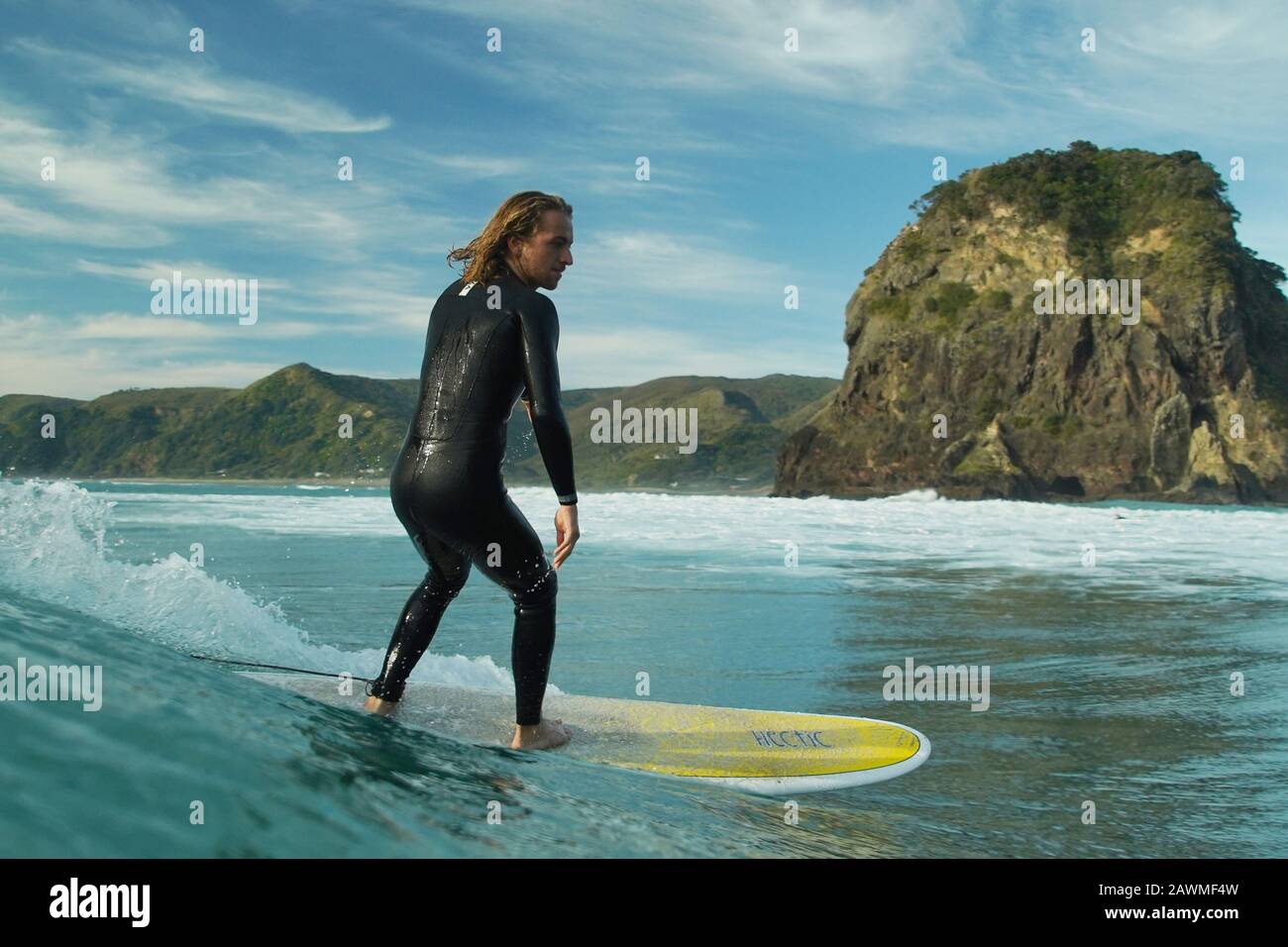 Ein junger männlicher Surfer in einem schwarzen Wetsuit reitet auf einer Welle vor dem Löwenfelsen am Piha Beach, Piha, West Auckland ein gelbes Surfbrett. Stockfoto