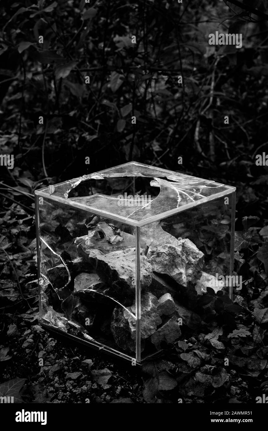 Brok-Glasbox mit Steinen Stockfoto