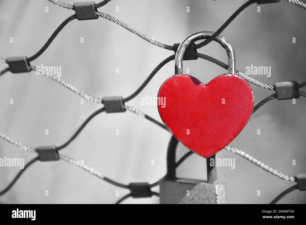 Vorhängeschloss in roter Herzform am Zaun einer Brücke. Symbol der Liebe für immer. Monochromer Hintergrund. Stockfoto