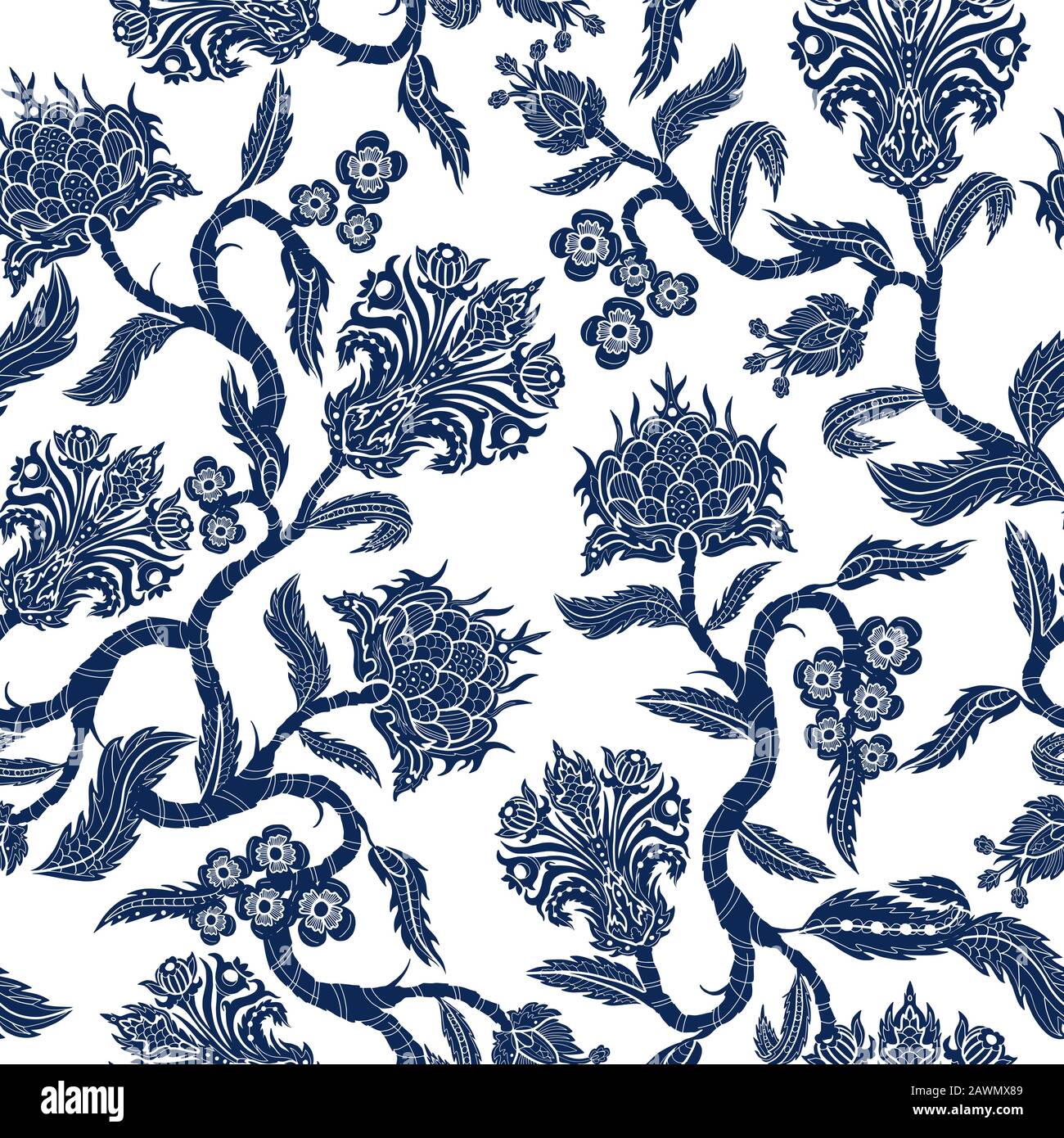 Nahtloses Muster mit Ästen Blumen im chinoiserie-Stil. Japanisches blaues Keramikmuster. Stock Vektor