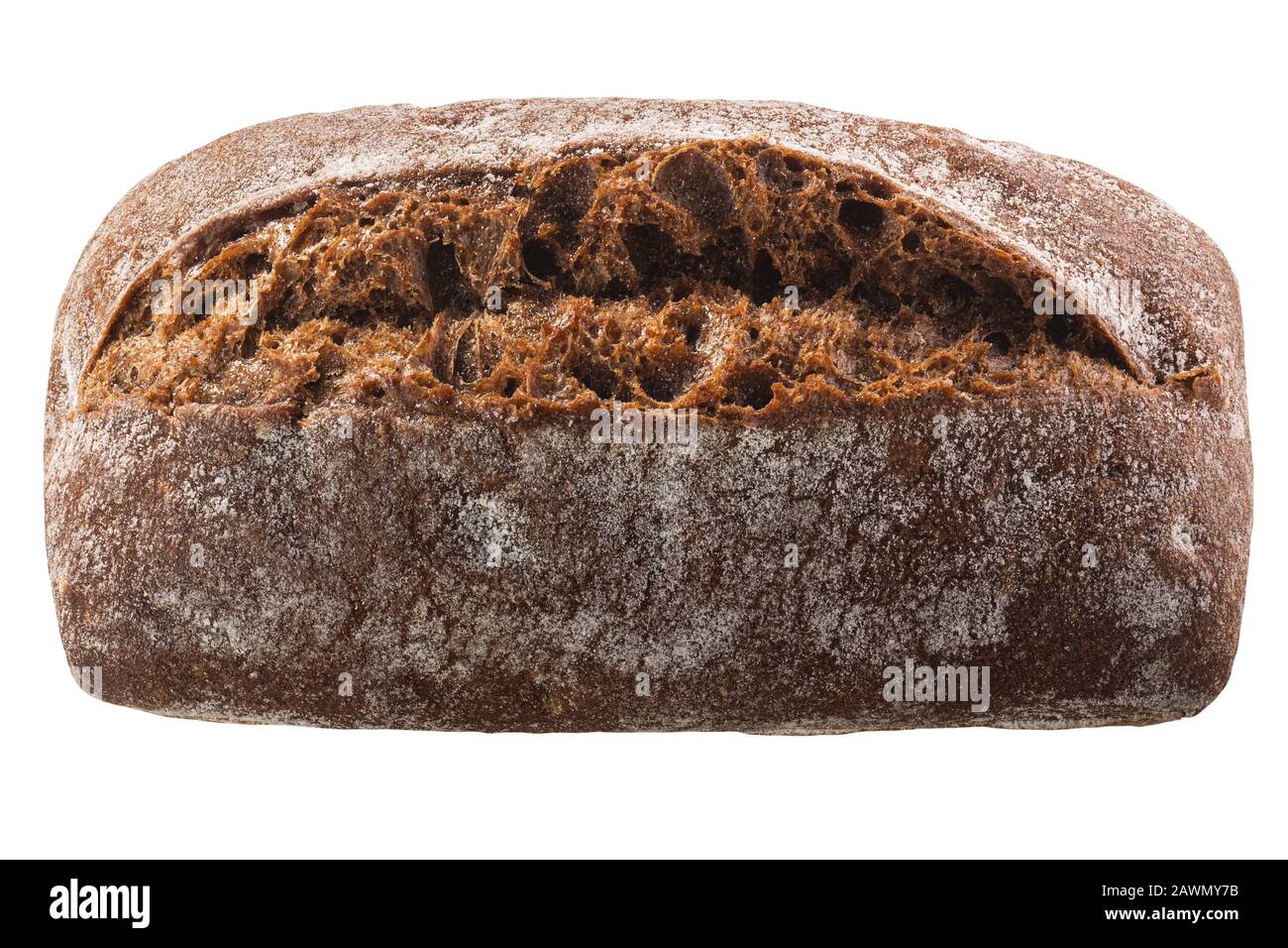 Dunkles Roggenbrot, Vollkornbrot, isoliert, Draufsicht Stockfoto