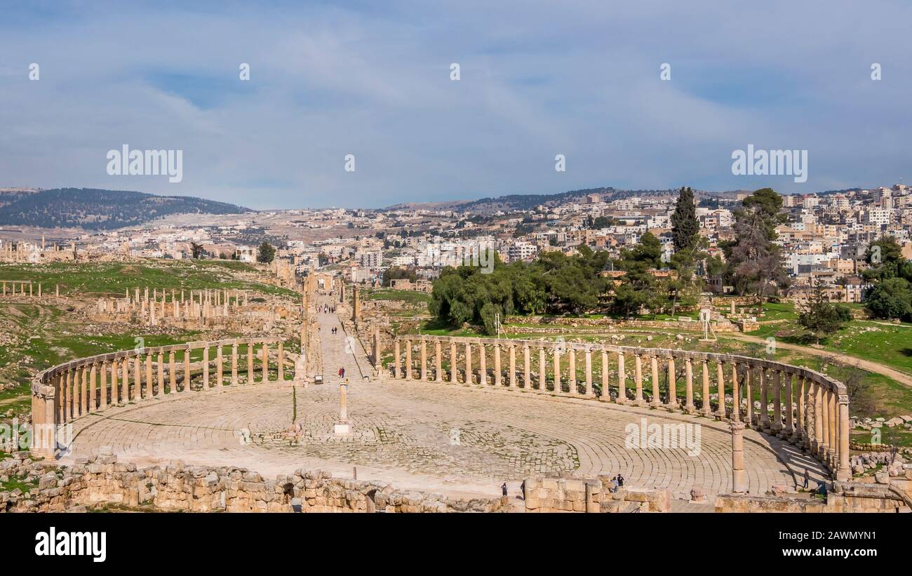 Oval Plaza in den römischen Ruinen von Jerash, Jordanien Stockfoto