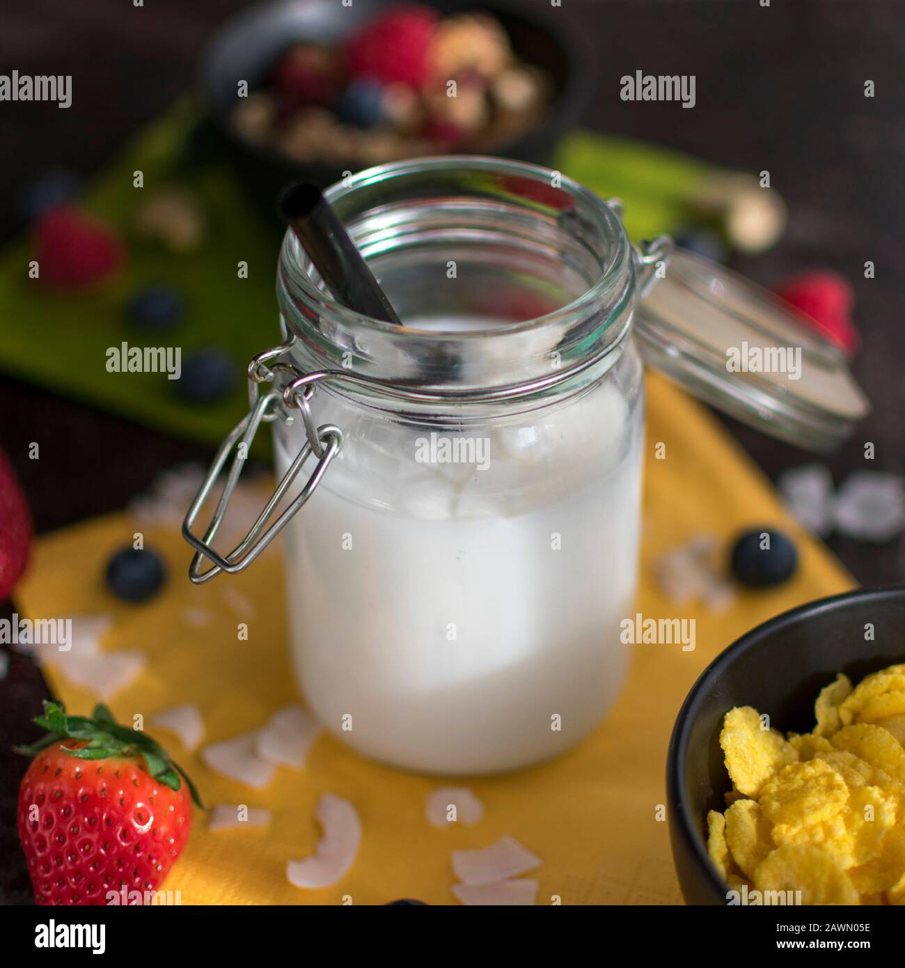 Bio-Kokosnussreis trinken mit Kokosflocken in einem konservierenden Glas mit Strohhalm und frischen Früchten als Dekoration Stockfoto