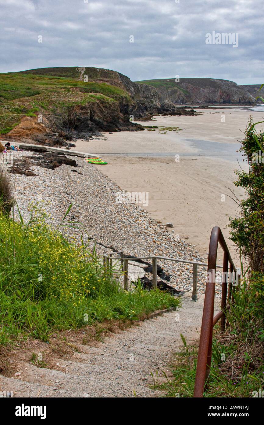 Frankreich, Bretagne, Pen Hir, Pen Hir Natural Site, Strand, Klippen, Wanderweg, Picknicks, Bootstouren, Restaurant, Plage de Vaeryac'h, Plage duLam Soaz, Stockfoto