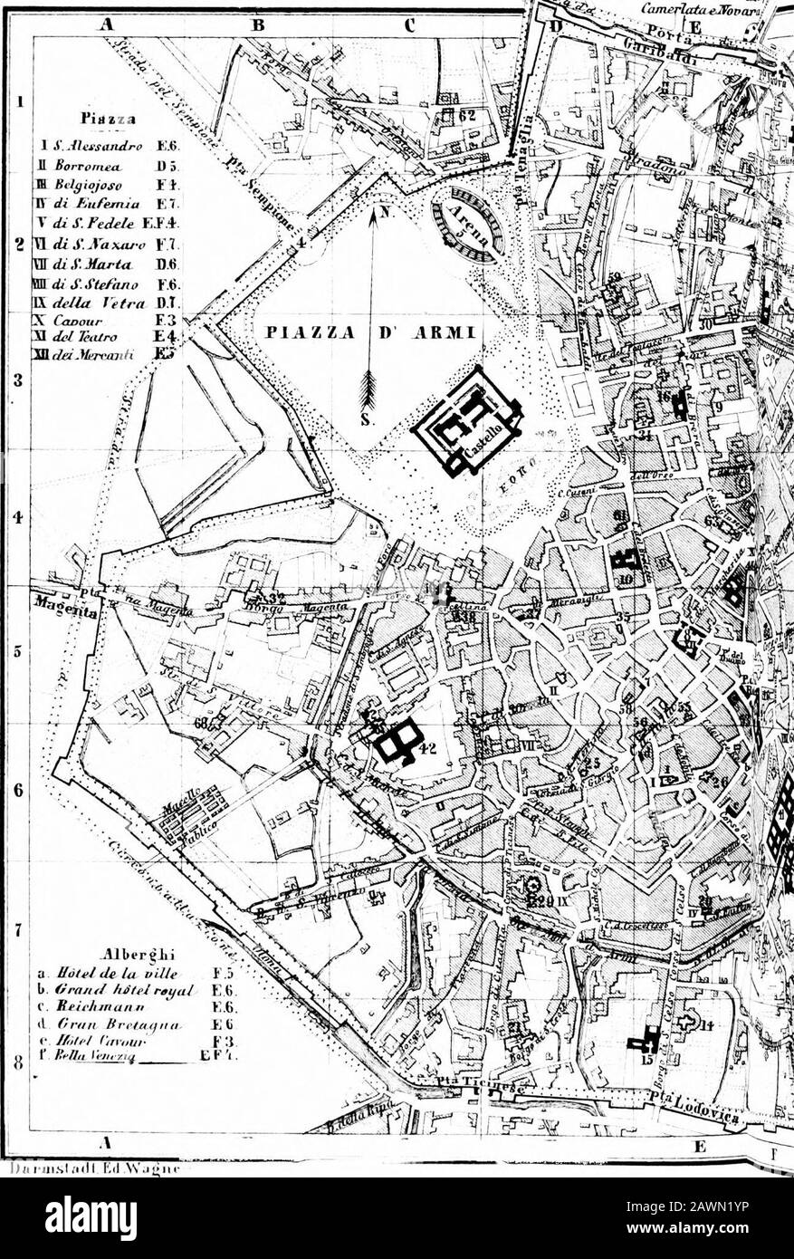 Italien: Handbuch für travellersFirst Part, Norditalien. S. Martinothe Linie überquert den Ticino durch eine breite und schöne Steinbrücke aus 11 Bögen, die die Österreicher vor der Schlacht von Magenta teilweise zerstörerisch, aber nicht ausreichend, um die Durchfahrt der Franzosen zu verhindern. Der größere Teil der französischen andsardischen Armee überquerte den Fluss bei Ponte di Turbigo, 9 M.farther N. Weiter weiter, der Naviglio Orande (S. 144), eine Kanalle, die Mailand mit dem Ticino und dem Lago Maggiore verbindet, durchzogen. Stat. Magenta ist unvergesslich als Schauplatz der Schlacht am 4. Juni 1859 zwischen den Österreichern und den u Stockfoto